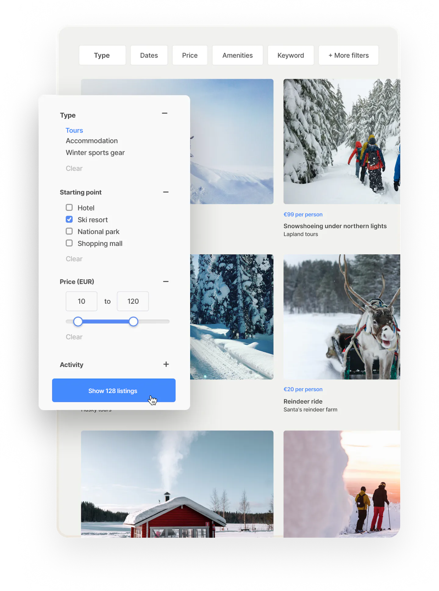 Search results on the Localtribe marketplace filtered for tours only, with search filters limited to tours.