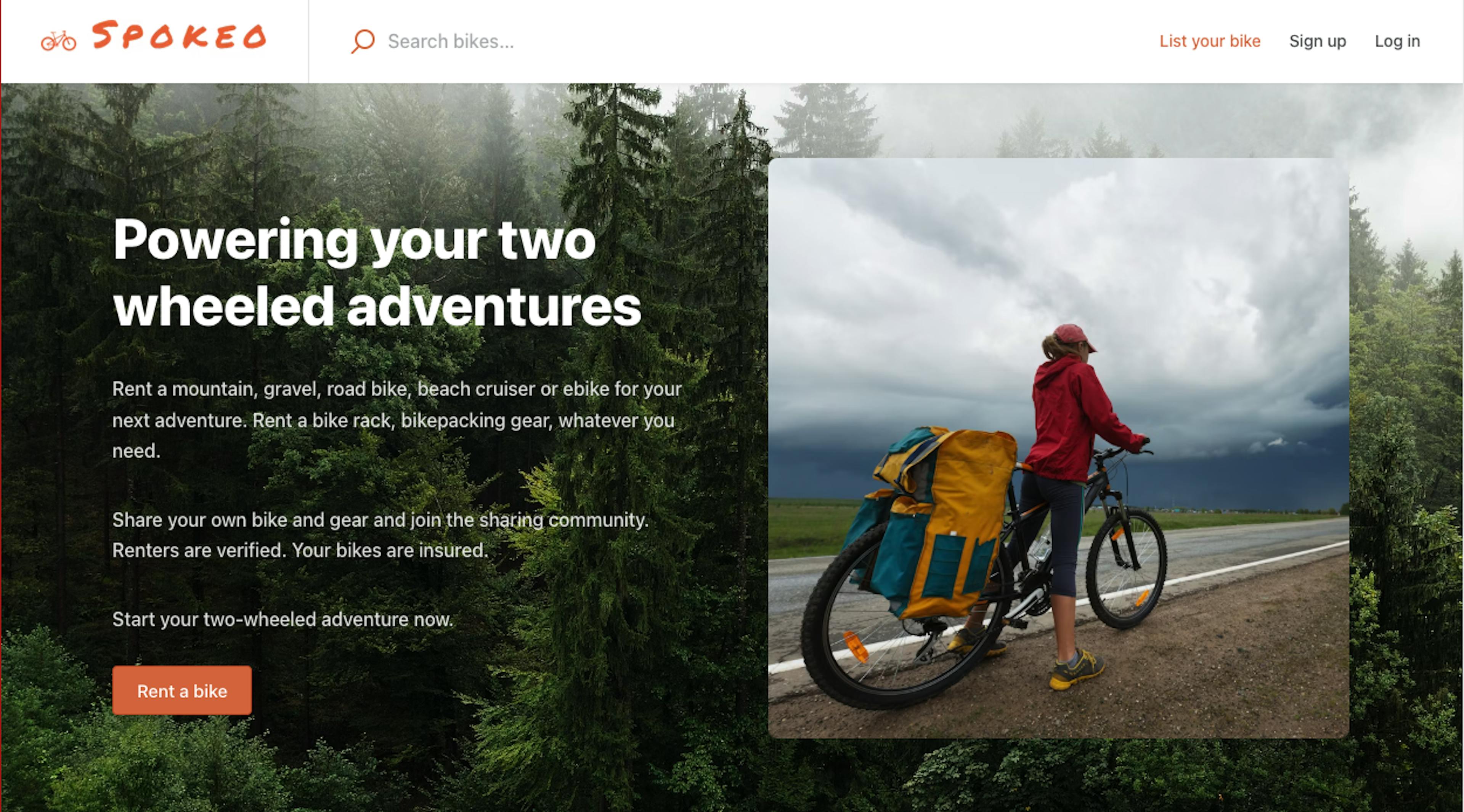 Landing page screenshot of the peer-to-peer rental marketplace Spokeo.