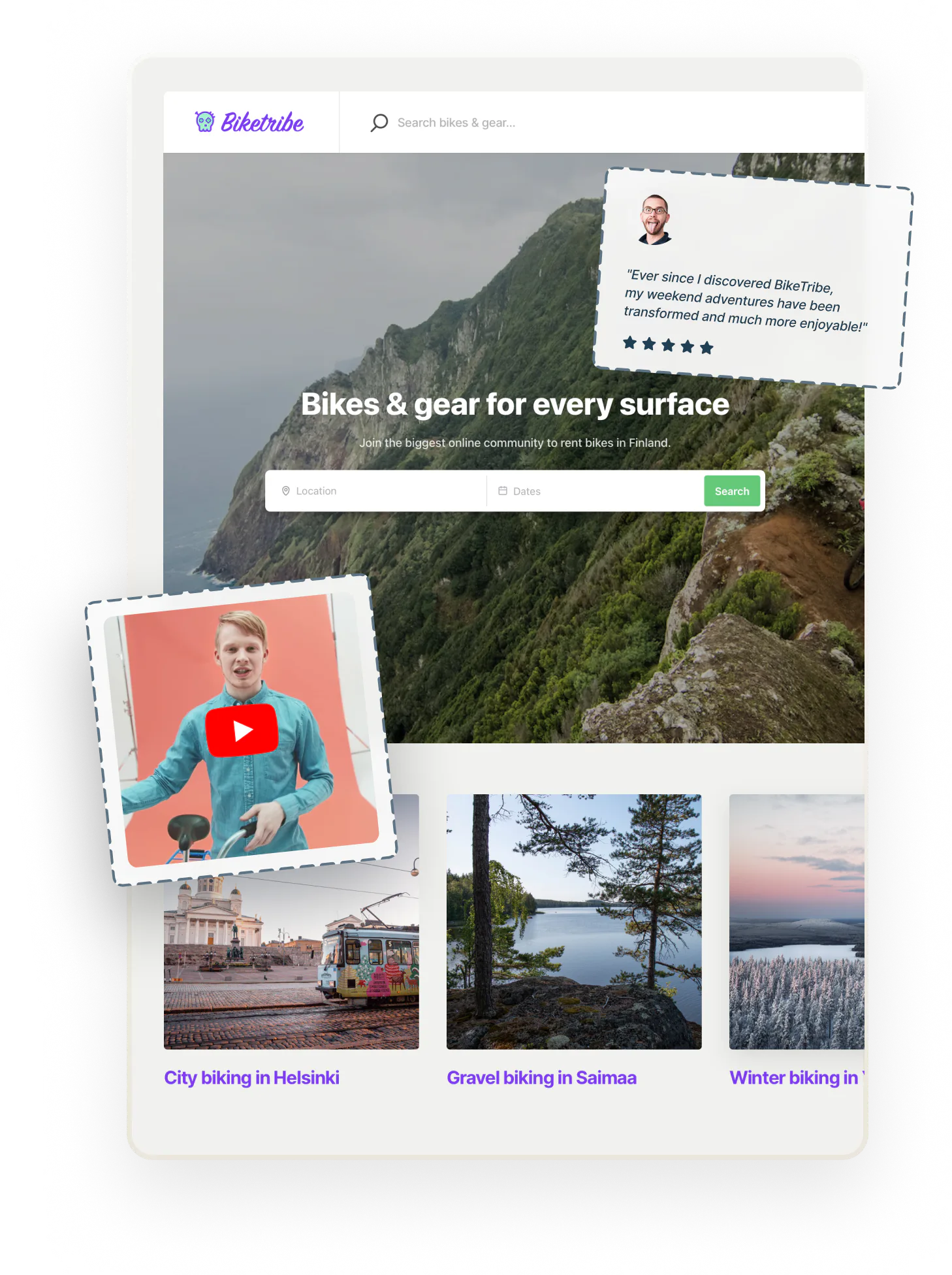 A snapshot of a landing page for a sample bike rental marketplace called Biketribe. An image of a 5-star review and a video thumbnail are overlaid on top.