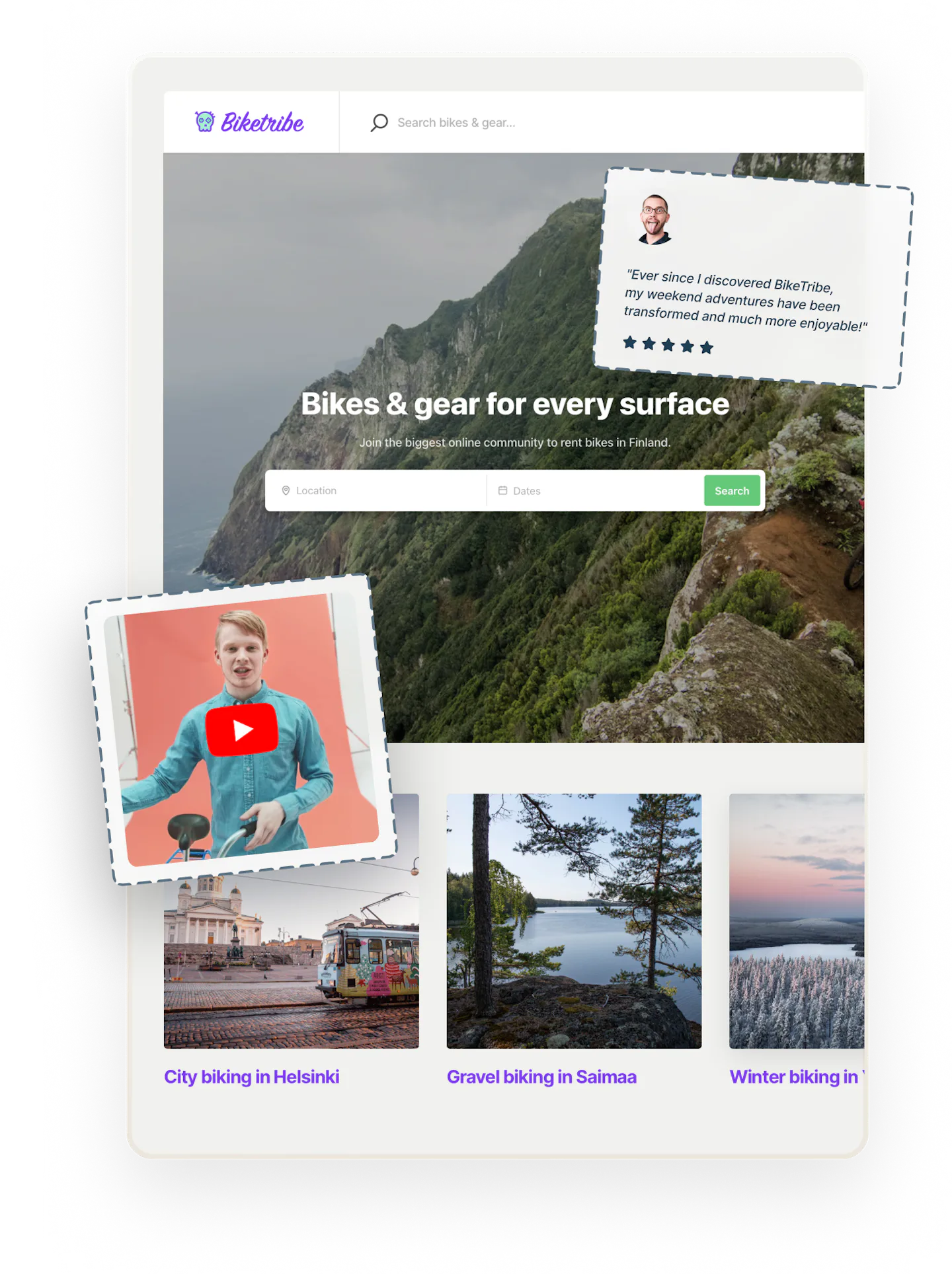 A snapshot of a landing page for a sample bike rental marketplace called Biketribe. An image of a 5-star review and a video thumbnail are overlaid on top.