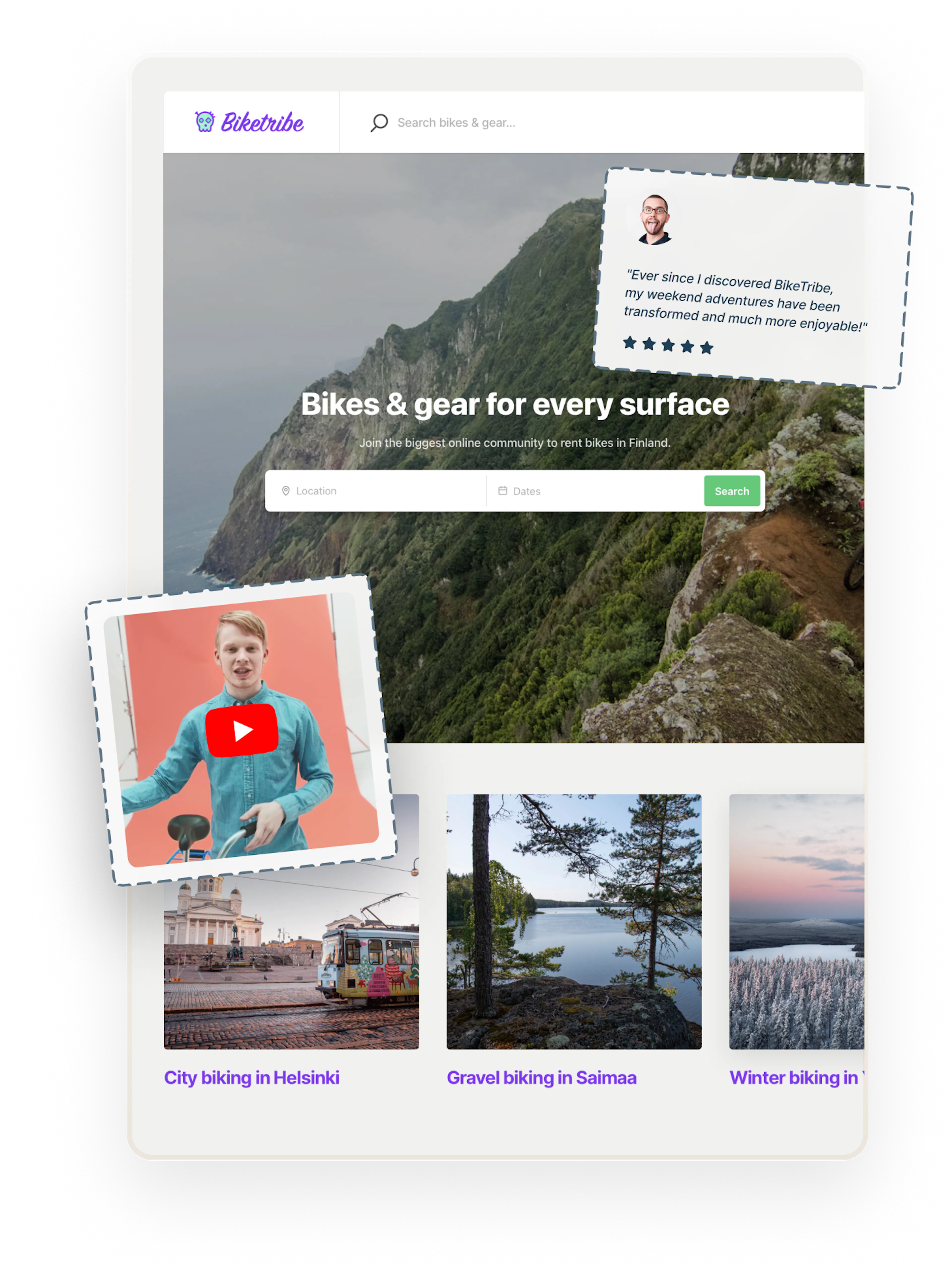 A snapshot of a landing page for a sample bike rental marketplace called Biketribe. An image of a 5-star review and a video thumbnail are overlaid on top.