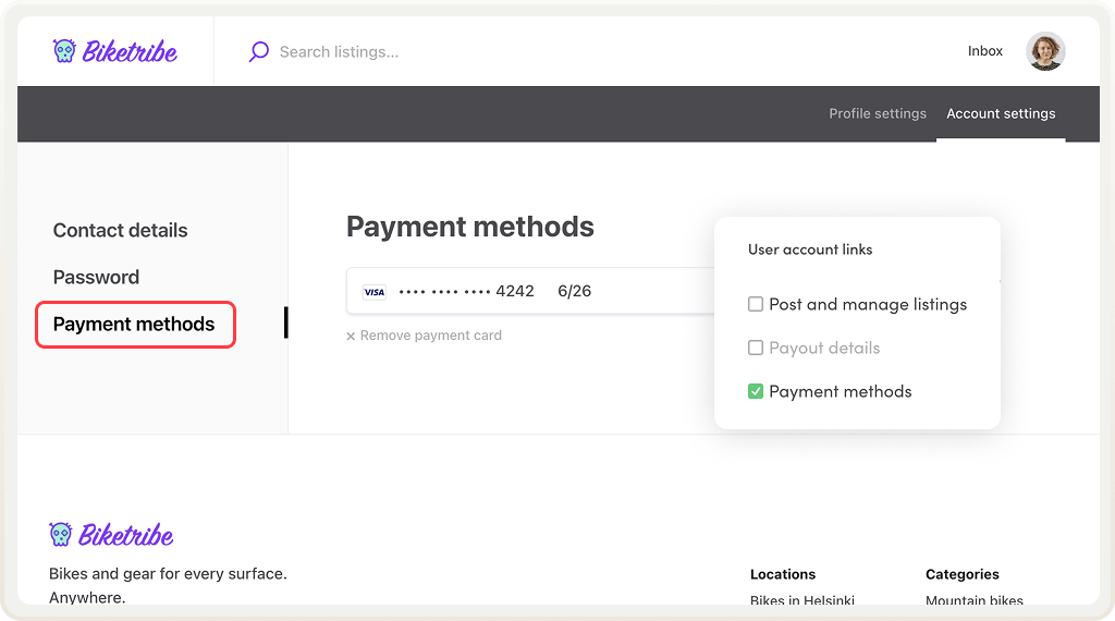 The user link payment methods is enabled. A user can see the link to add a payment method in their account settings.