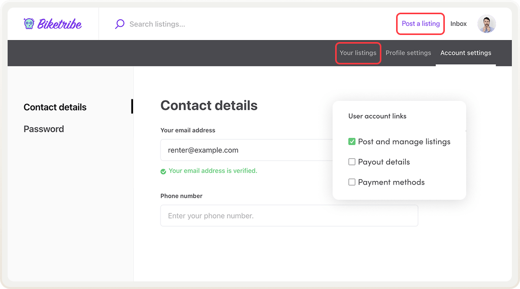 The marketplace operator has enabled the link to post listings for a user type. In their profile, a user can see the links to post a new listing and manage their own listings.