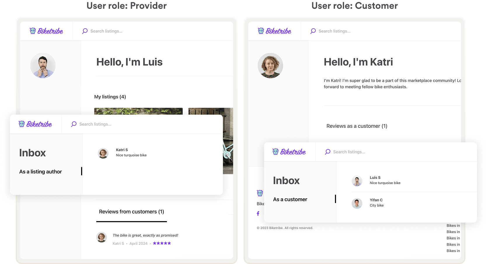 Provider and customer accounts on a sample marketplace. Provider sees their inbox and reviews from customers, and the customer sees their inbox and reviews they've given.