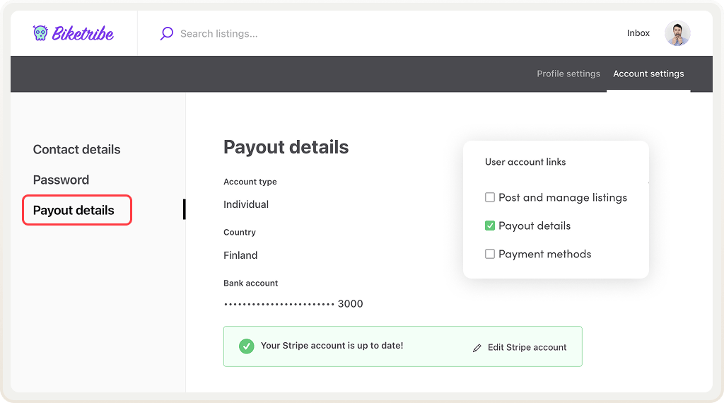 The user link payout details is enabled. A user can see the link to add them in their account settings.