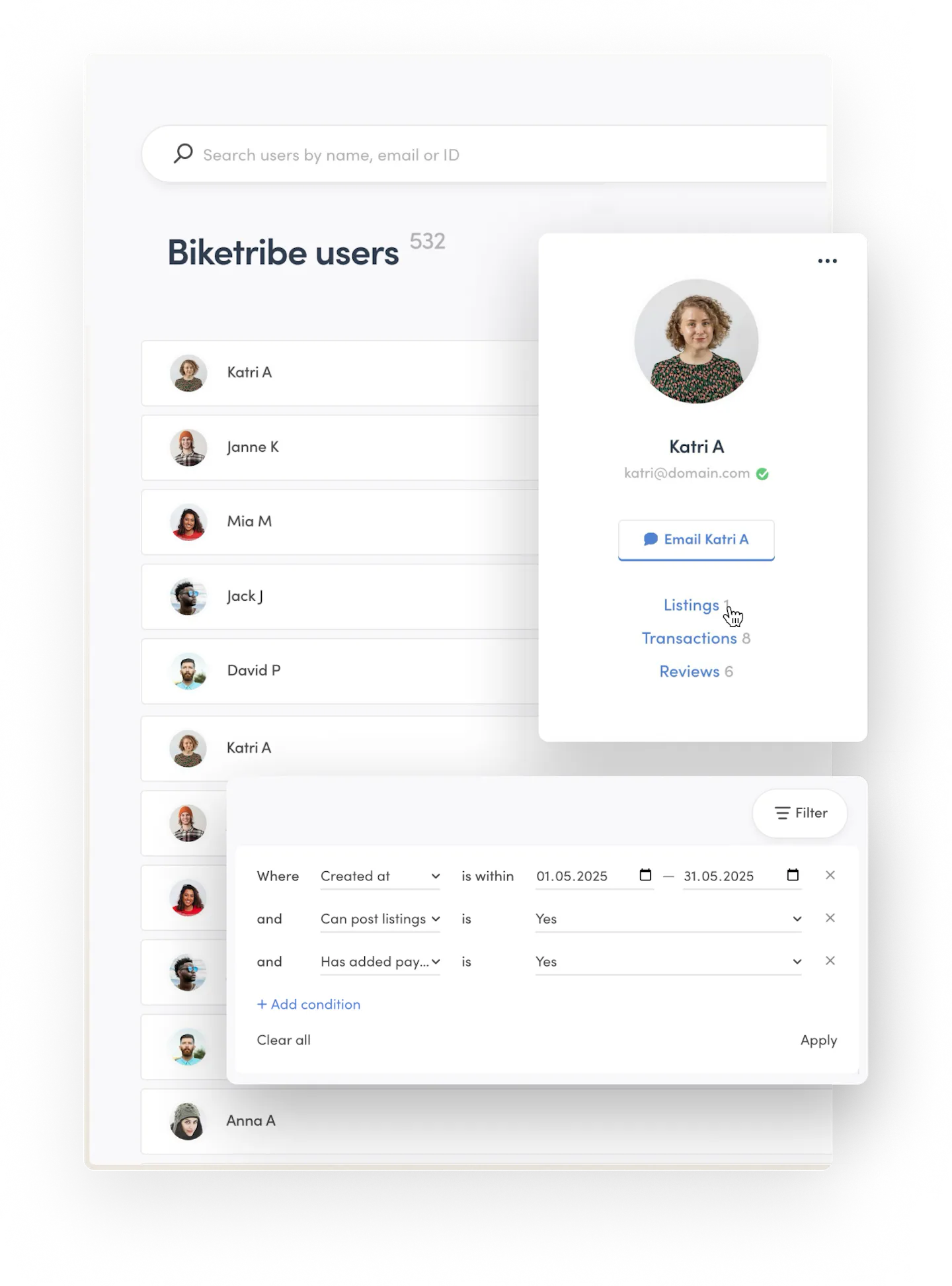 Sharetribe Console's user management page. At the top, there's a bar for searching users, and under it, multiple user cards. The data is filtered by account creation date, posting rights, and payout details.