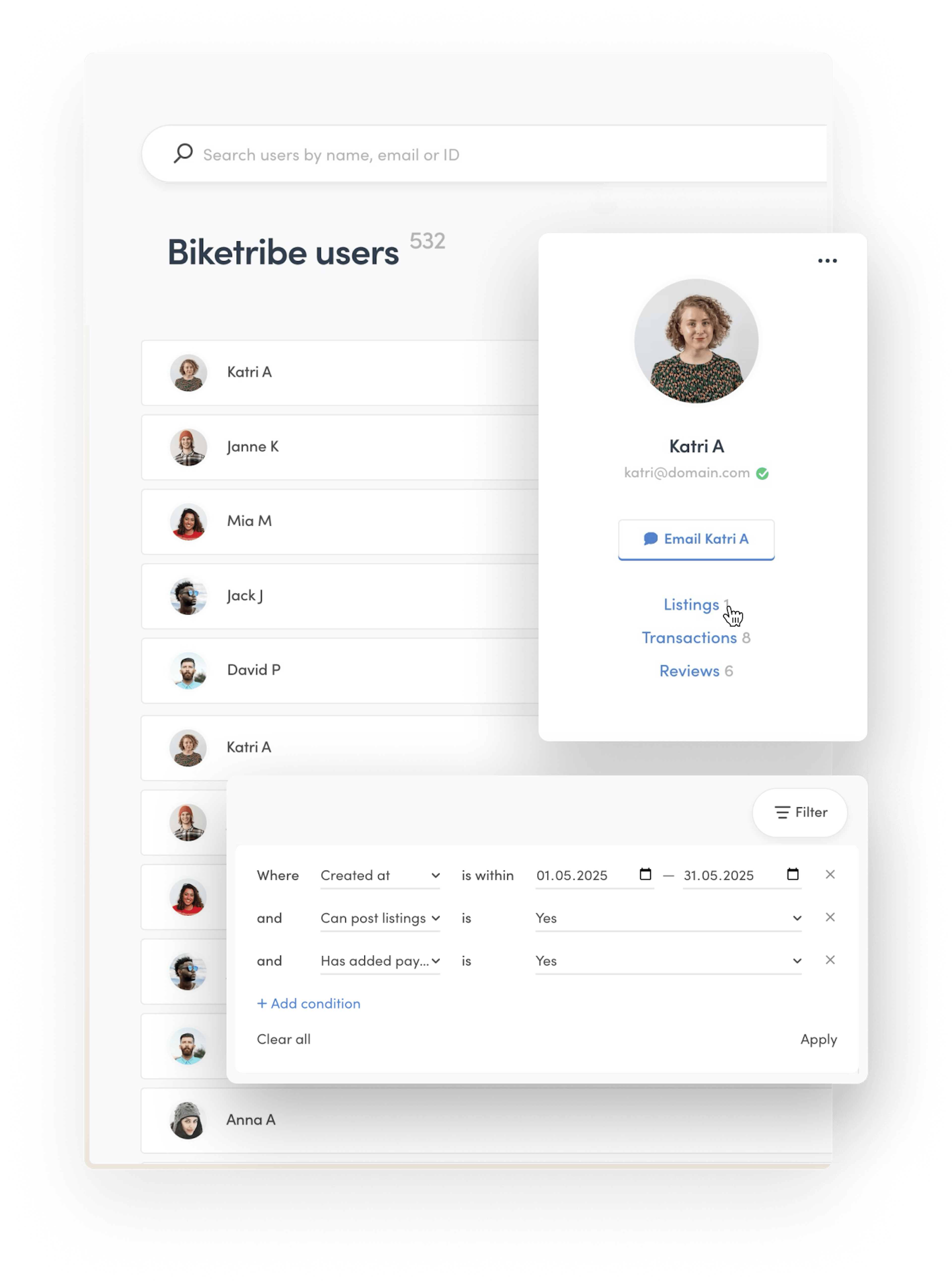 Sharetribe Console's user management page. At the top, there's a bar for searching users, and under it, multiple user cards. The data is filtered by account creation date, posting rights, and payout details.