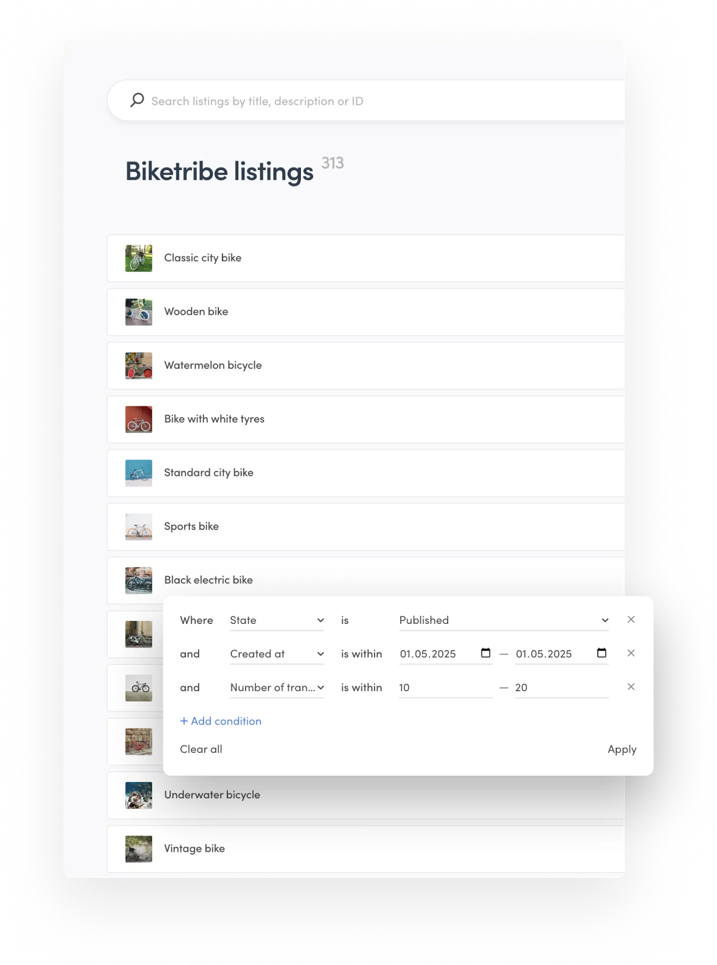 The listing management page in Console. The operator has filtered the data by listing state, creation date, and number of transactions the listings have.