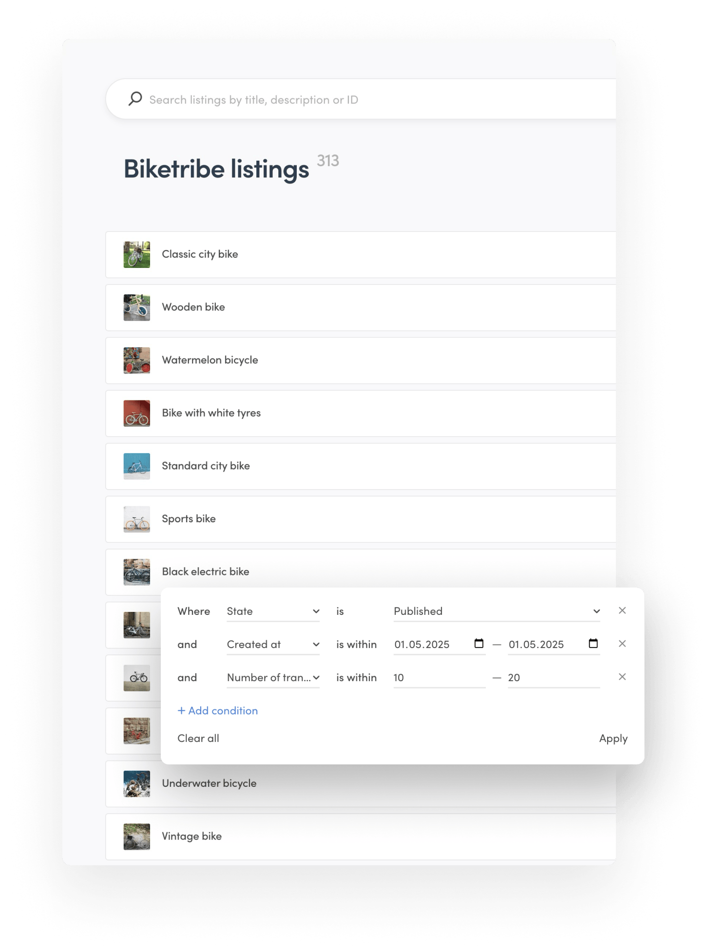 The listing management page in Console. The operator has filtered the data by listing state, creation date, and number of transactions the listings have.