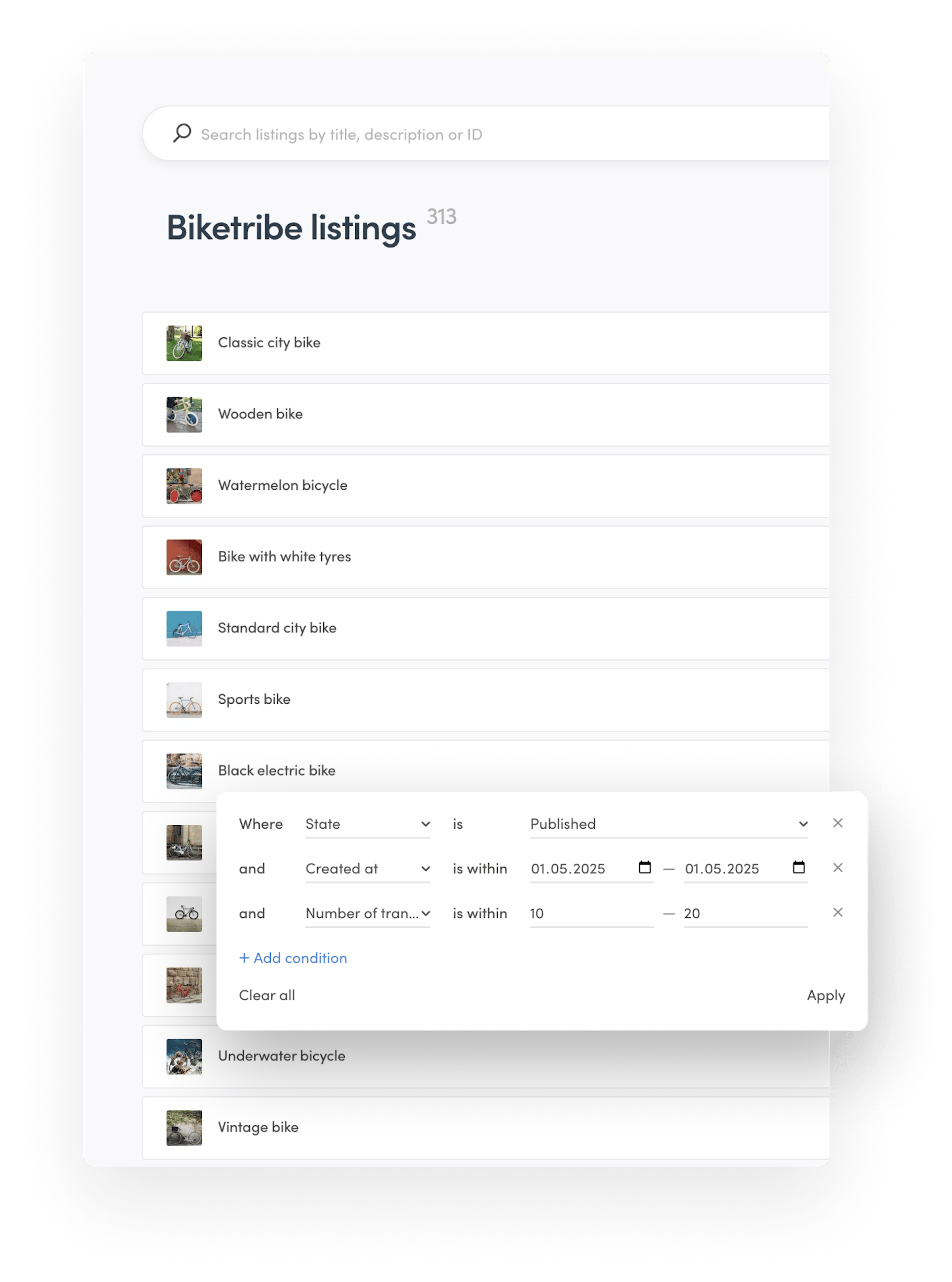 The listing management page in Console. The operator has filtered the data by listing state, creation date, and number of transactions the listings have.