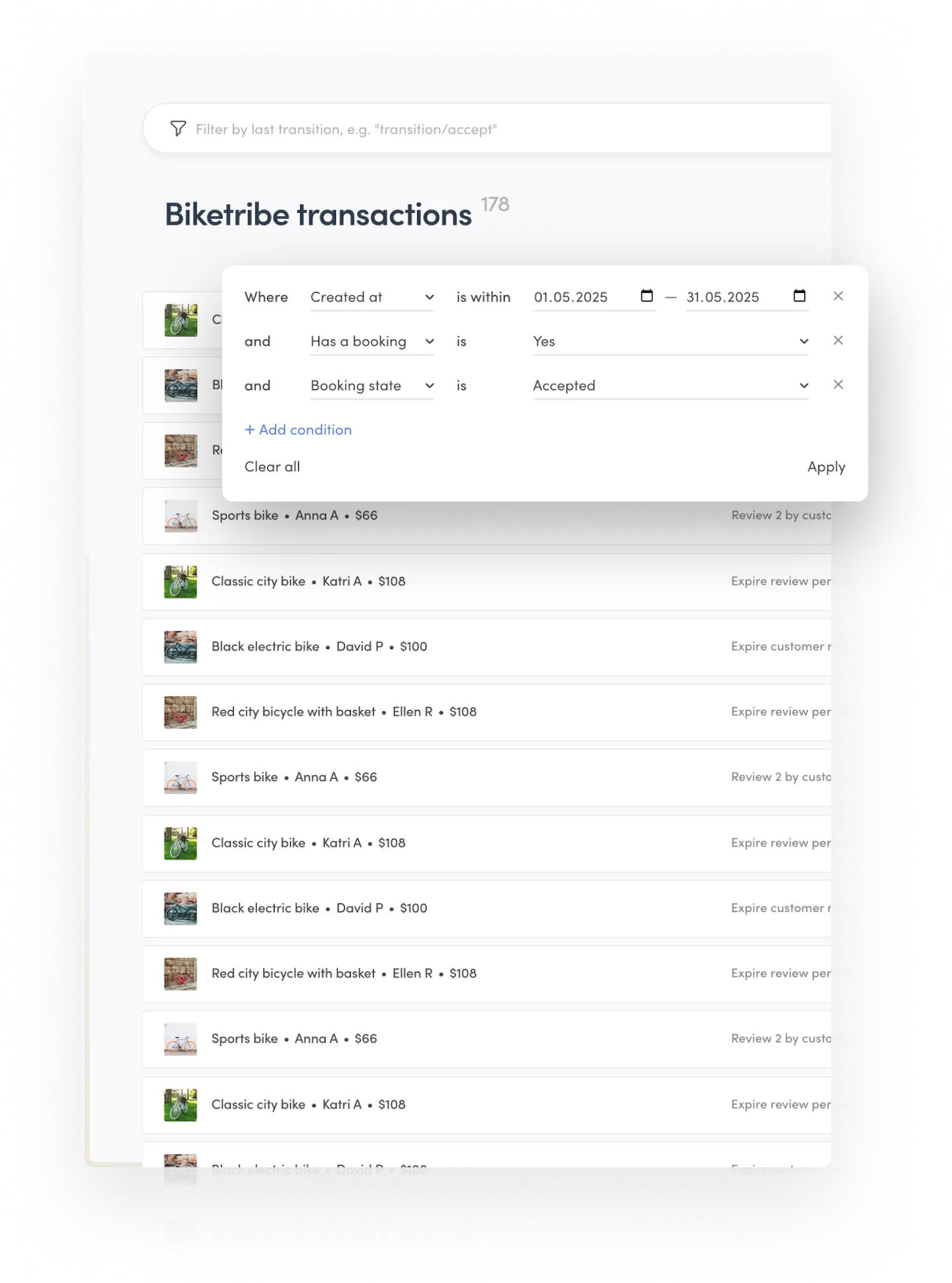 The transaction management page in Console. The operator has filtered the transactions by creation date, if they have a booking and booking state.