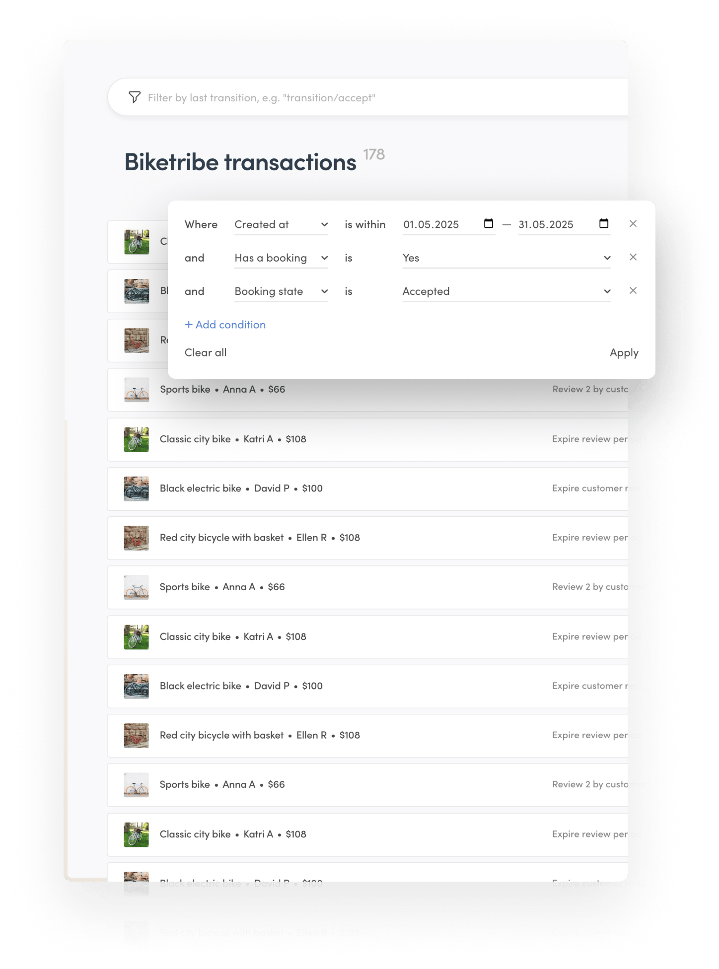 The transaction management page in Console. The operator has filtered the transactions by creation date, if they have a booking and booking state.