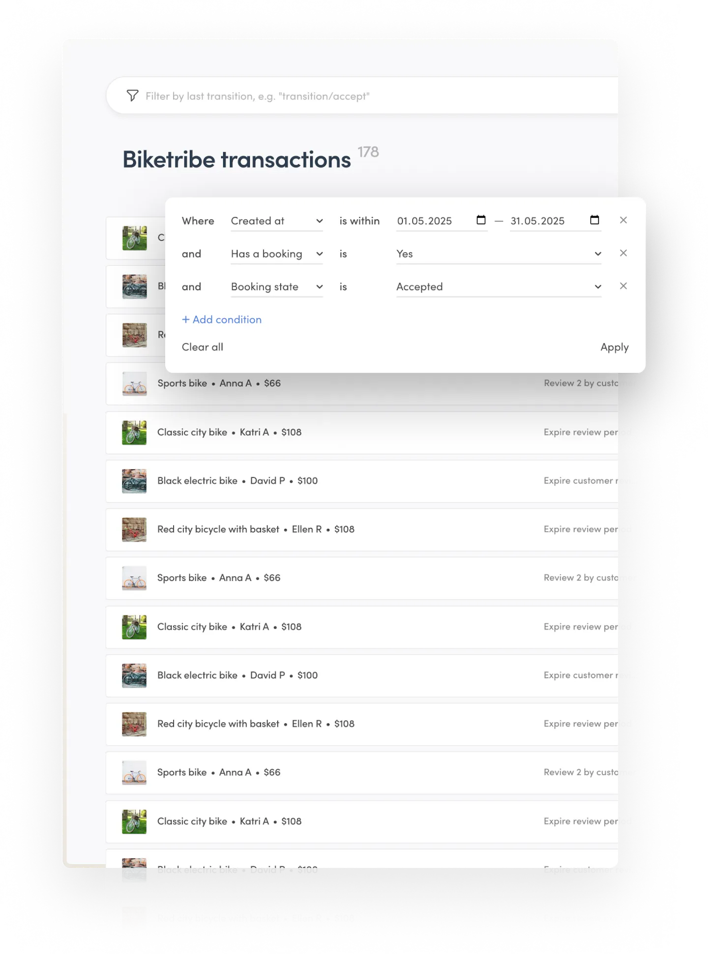 The transaction management page in Console. The operator has filtered the transactions by creation date, if they have a booking and booking state.