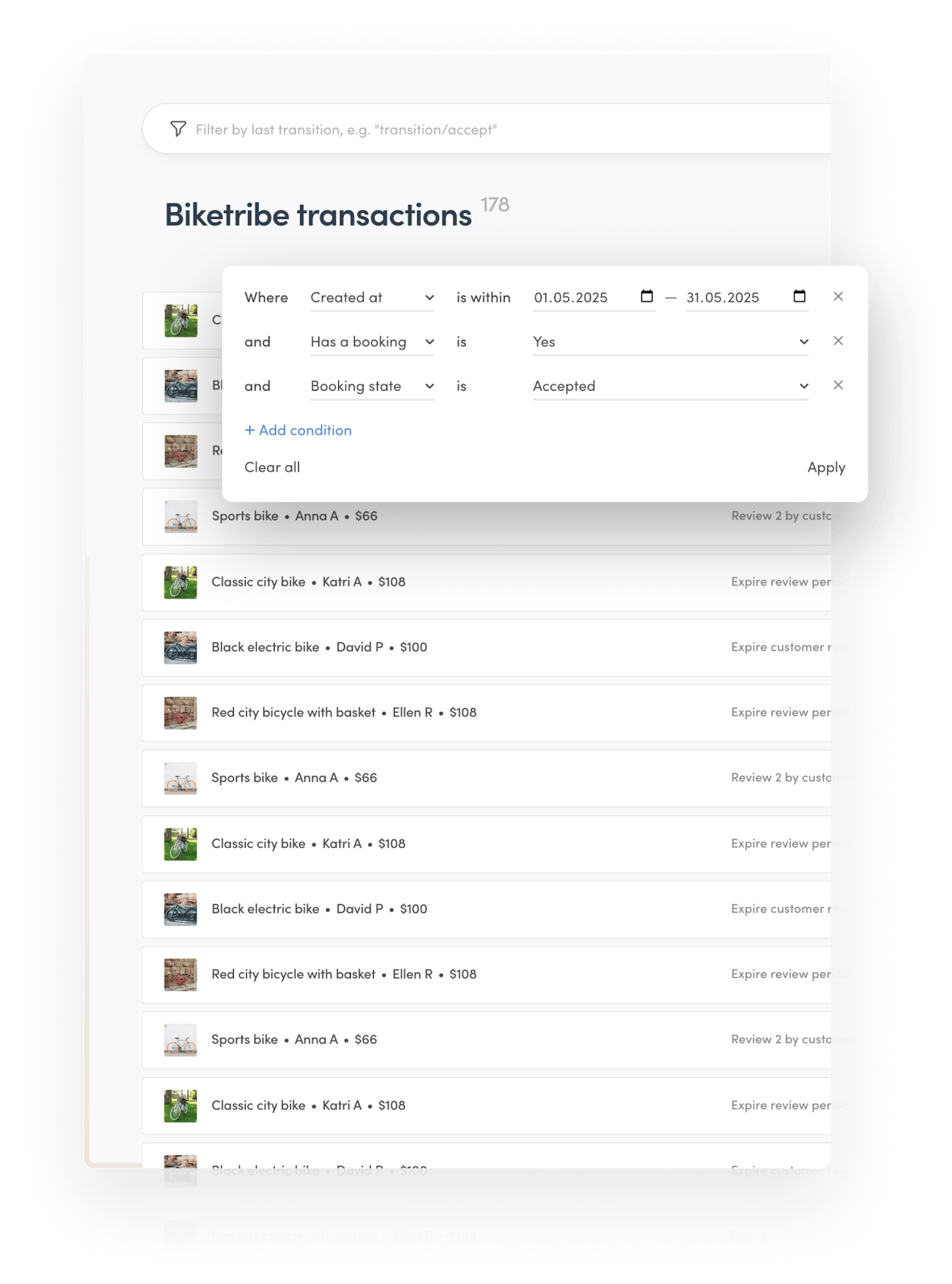 The transaction management page in Console. The operator has filtered the transactions by creation date, if they have a booking and booking state.