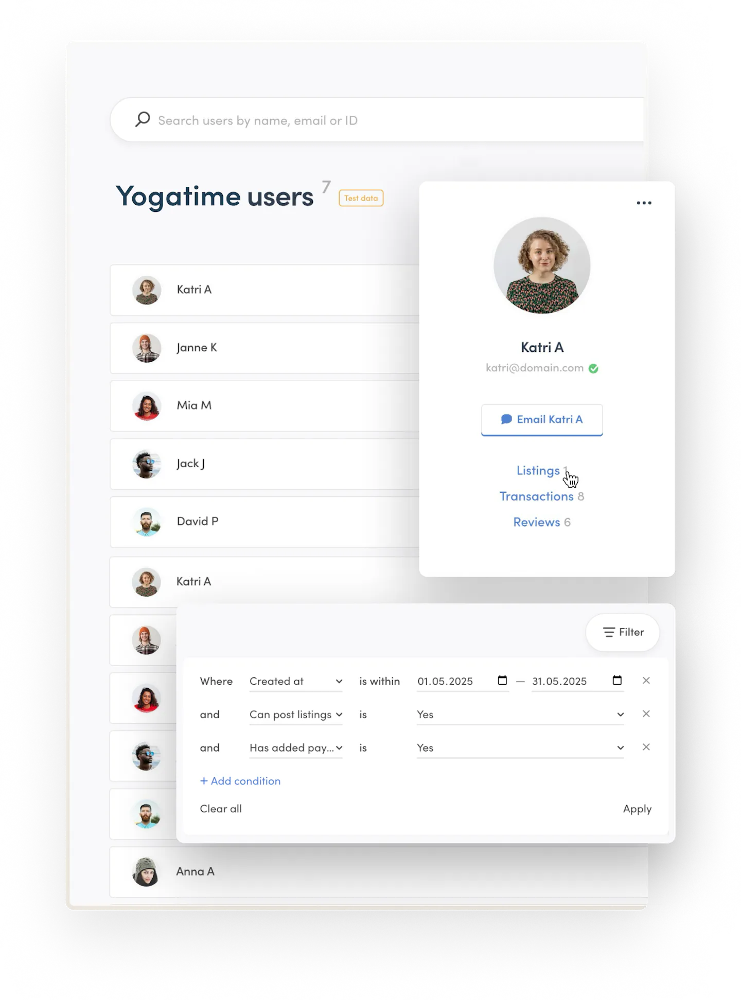 Sharetribe Console's user management page. At the top, there's a bar for searching users, and under it, multiple user cards. The data is filtered by account creation date, posting rights, and payout details.