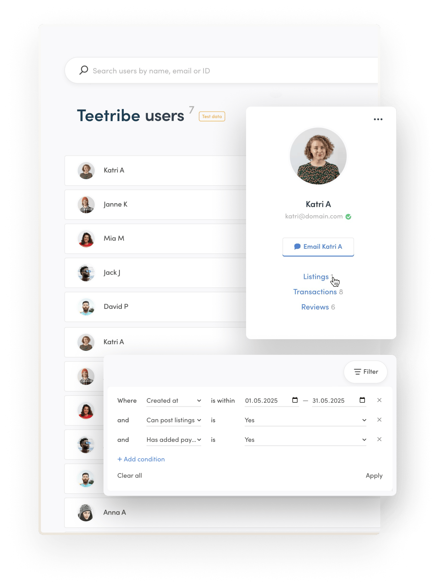 Teetribe's user management page. At the top, there's a bar for searching users, and under it, multiple user cards. The data is filtered by account creation date, posting rights, and payout details.