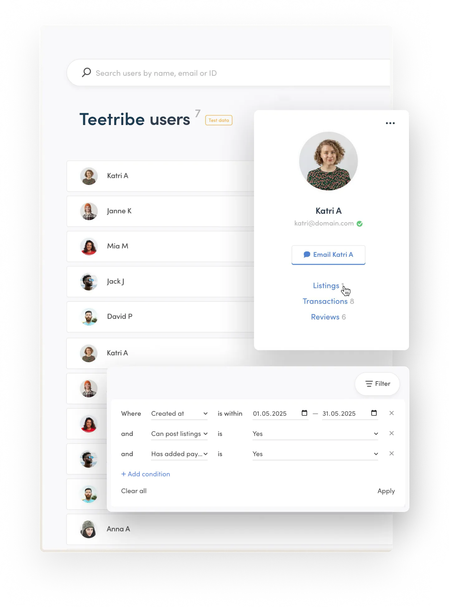 Teetribe's user management page. At the top, there's a bar for searching users, and under it, multiple user cards. The data is filtered by account creation date, posting rights, and payout details.
