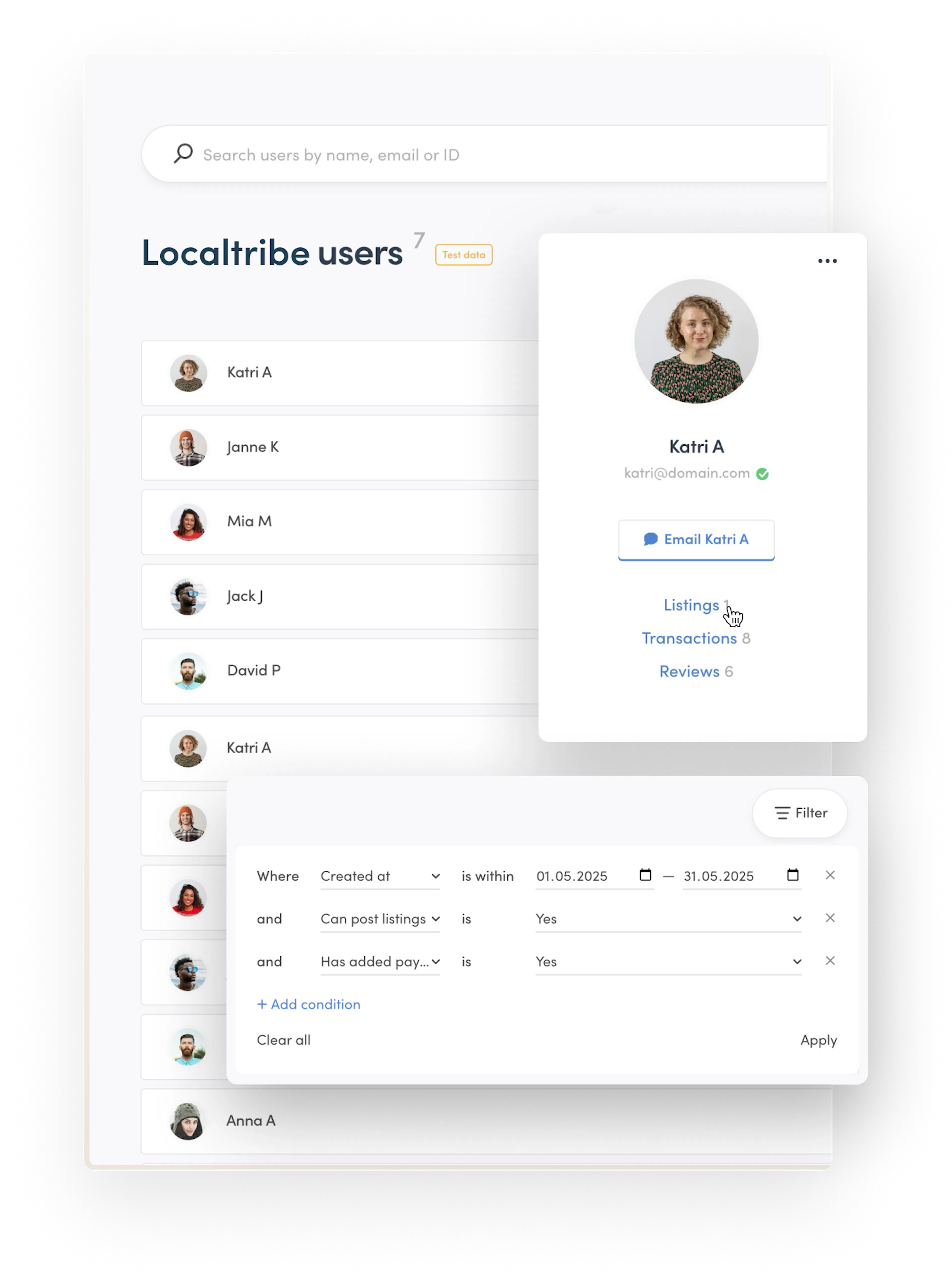 Localtribe's user management page. At the top, there's a bar for searching users, and under it, multiple user cards. The data is filtered by account creation date, posting rights, and payout details.