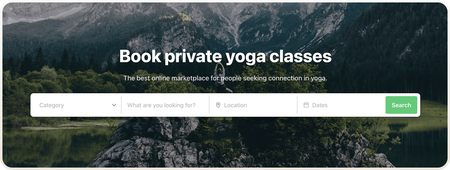 Sample marketplace with a multi-field search bar on the landing page. Options for category, keyowrd, location and availability search are enabled.