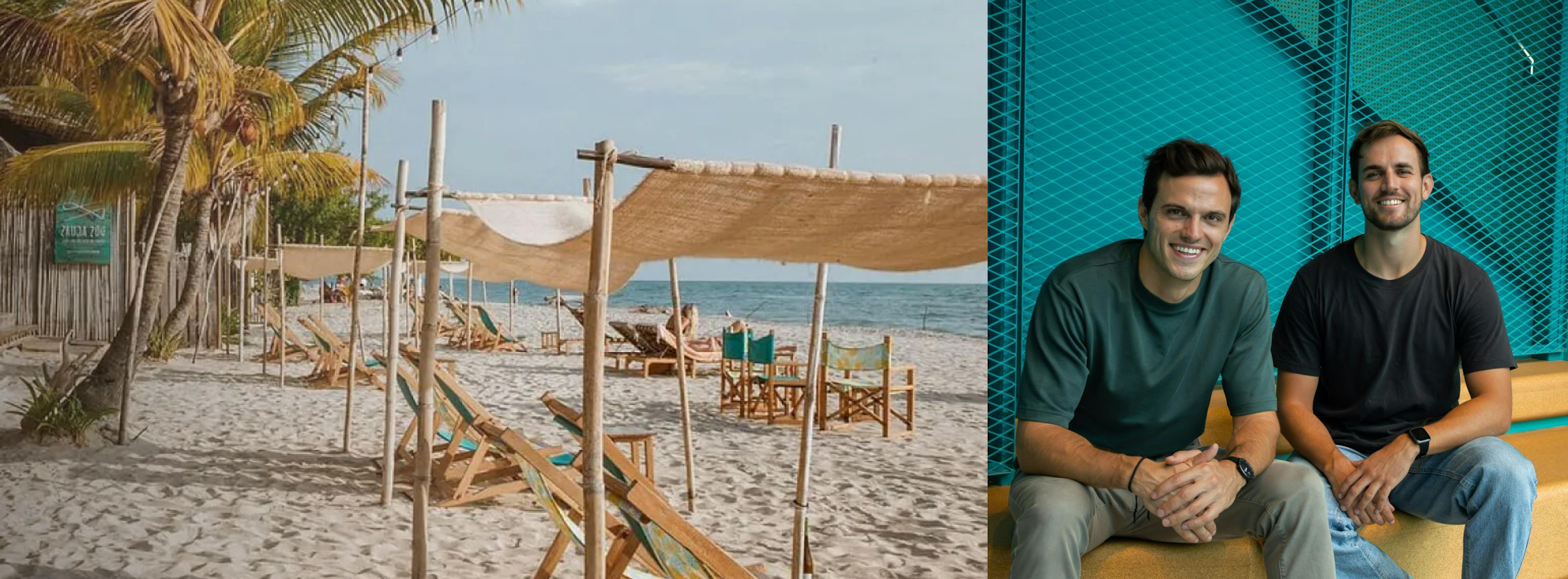 A collage of two photos. On the right, a photo of a beach with bamboo parasols, palm trees, and a bungalow-styöe building. On the left, a photo of socialbnb founders Nils and Alex sitting on a yellow bench against turquoise background, smiling.