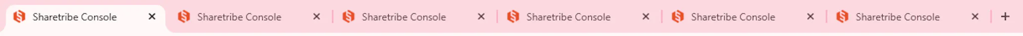 Screenshot of a browser title bar with six tabs open. All tabs have an orange Sharetribe logo and an identical copy: "Sharetribe Console".