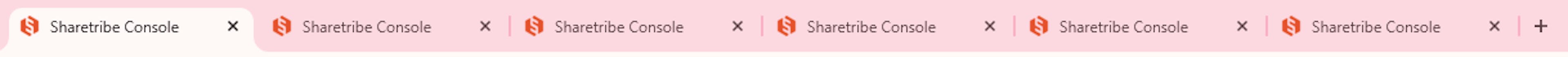 Screenshot of a browser title bar with six tabs open. All tabs have an orange Sharetribe logo and an identical copy: "Sharetribe Console".
