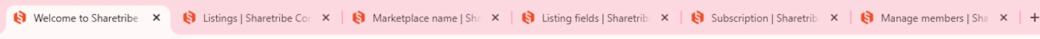 Screenshot of a browser title bar with six tabs open. All tabs have an orange Sharetribe logo and descriptive copy that identifies the page content: "Welcome to Sharetribe", "Listings | Sharetribe Console", "Marketplace name | Sharetribe Console", and so on..
