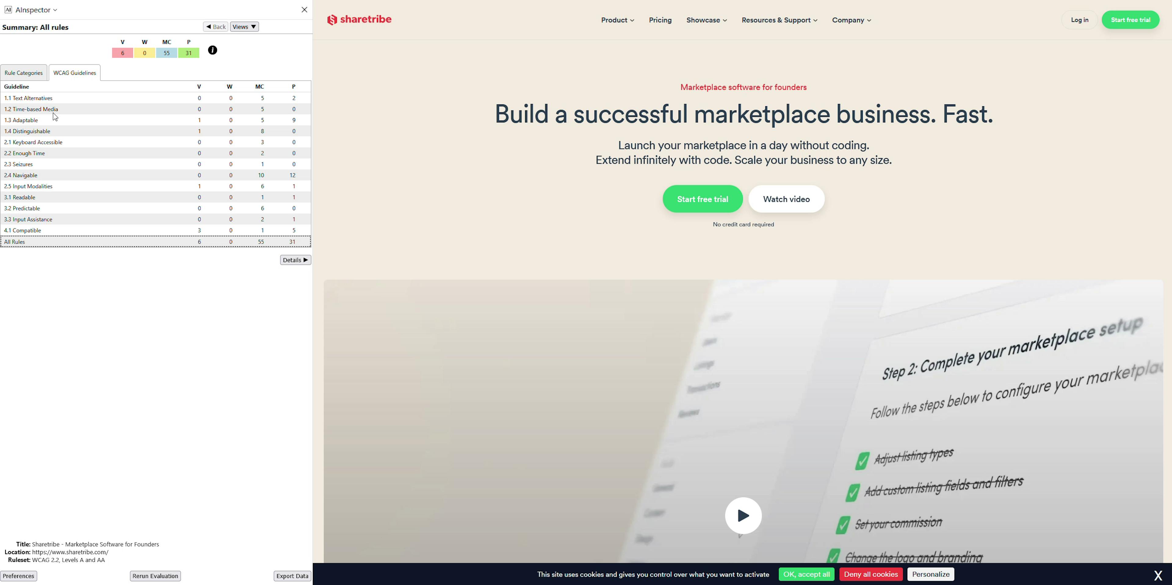 Screenshot of Sharetribe's home page with AInspector's accessibility auditing tool visible on the left. The tool is open in the summary view and shows the main WCAG Guideline categories.