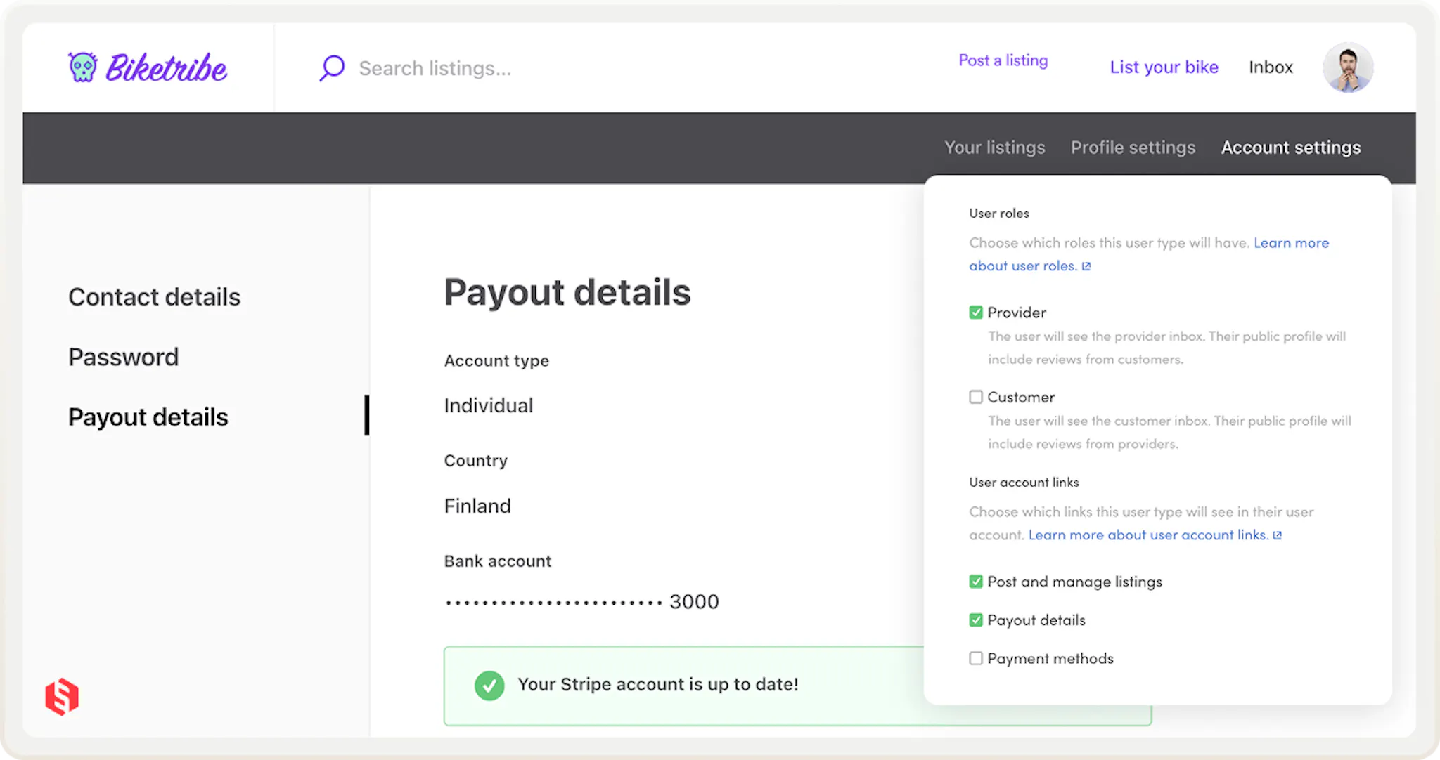 The marketplace operator has set up a user type that has the provider role. The settings are set so that the user type can see the links to post and manage listings and add payout details. But they can't see the link for payment methods.