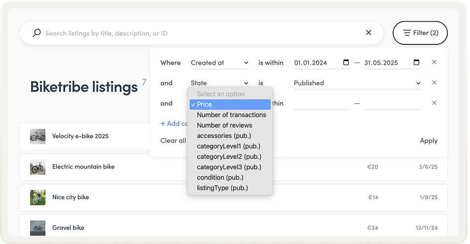 An operator is filtering listings on a bike rental marketplace called Biketribe.