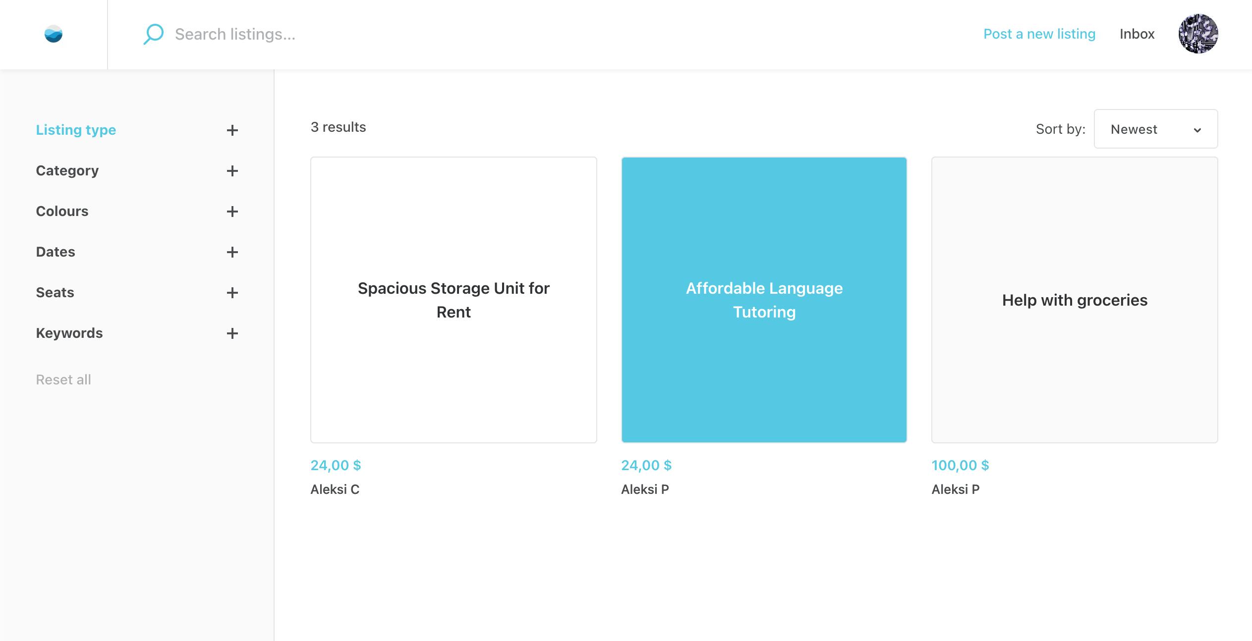 A screenshot showing the search page with listing thumbnails