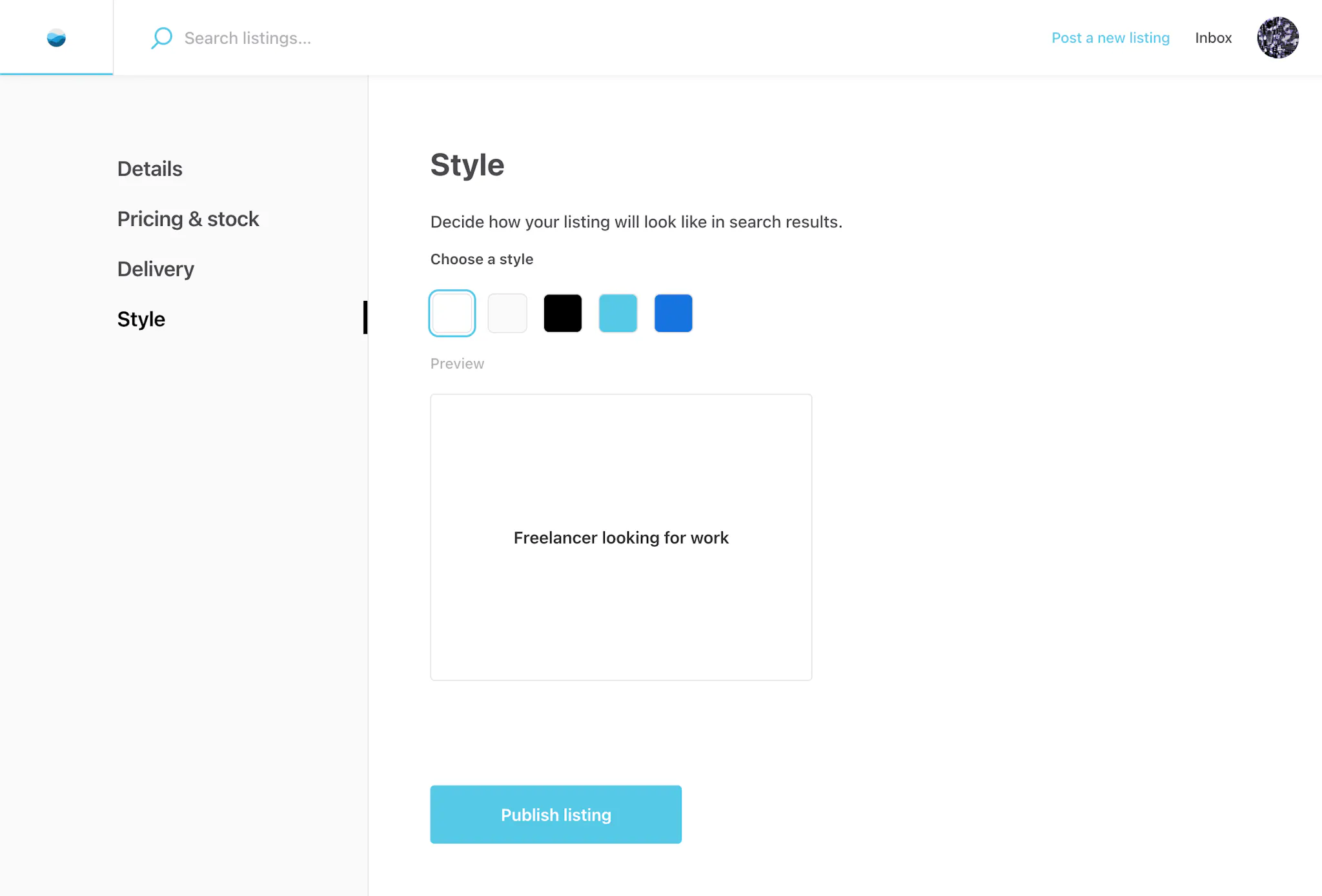 A screenshot showing the user interface of the Sharetribe marketplace application. The screenshot displays the Style tab in the edit listing wizard.