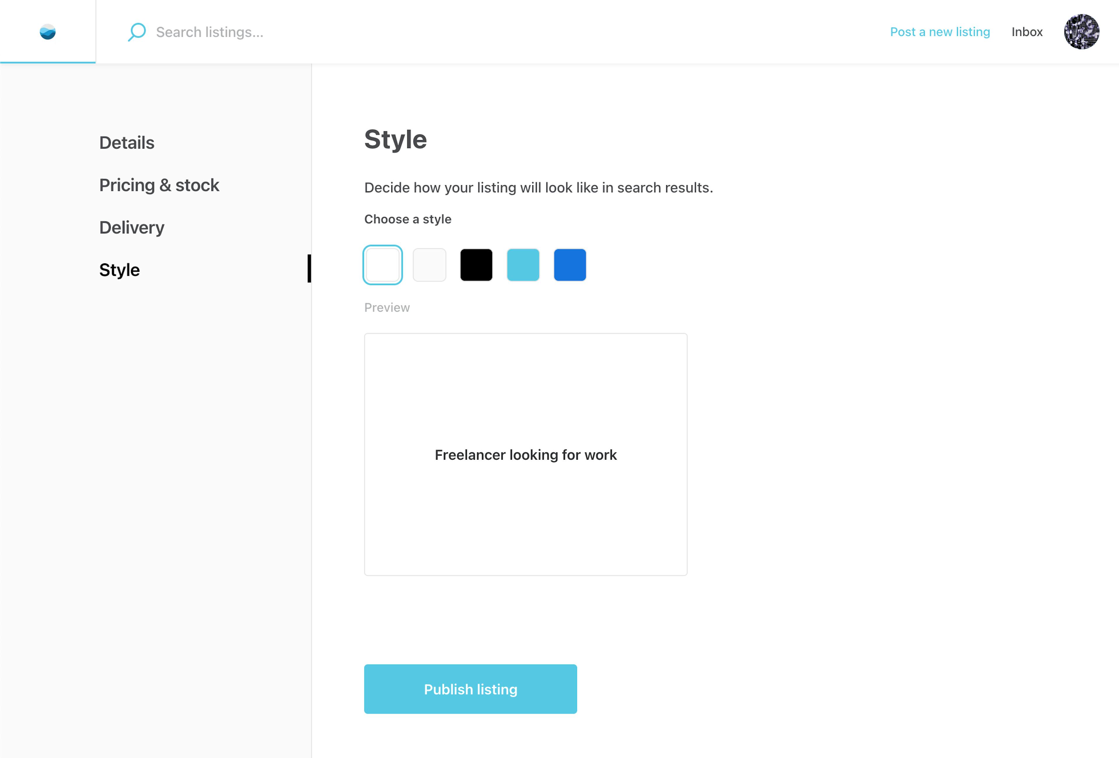 A screenshot showing the user interface of the Sharetribe marketplace application. The screenshot displays the Style tab in the edit listing wizard.