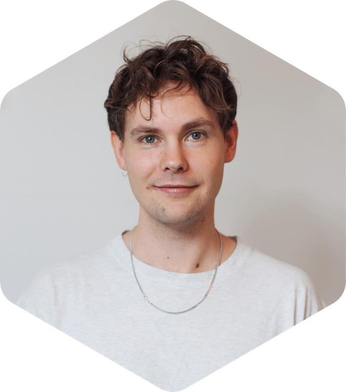 Picture of Aleksi, who has short, curly brown hair is looking directly at the camera with a slight smile. They are wearing a light grey t-shirt, a thin silver chain necklace, and a small hoop earring in their left ear. The background is plain and neutral, and the photo is cropped in a hexagonal shape.