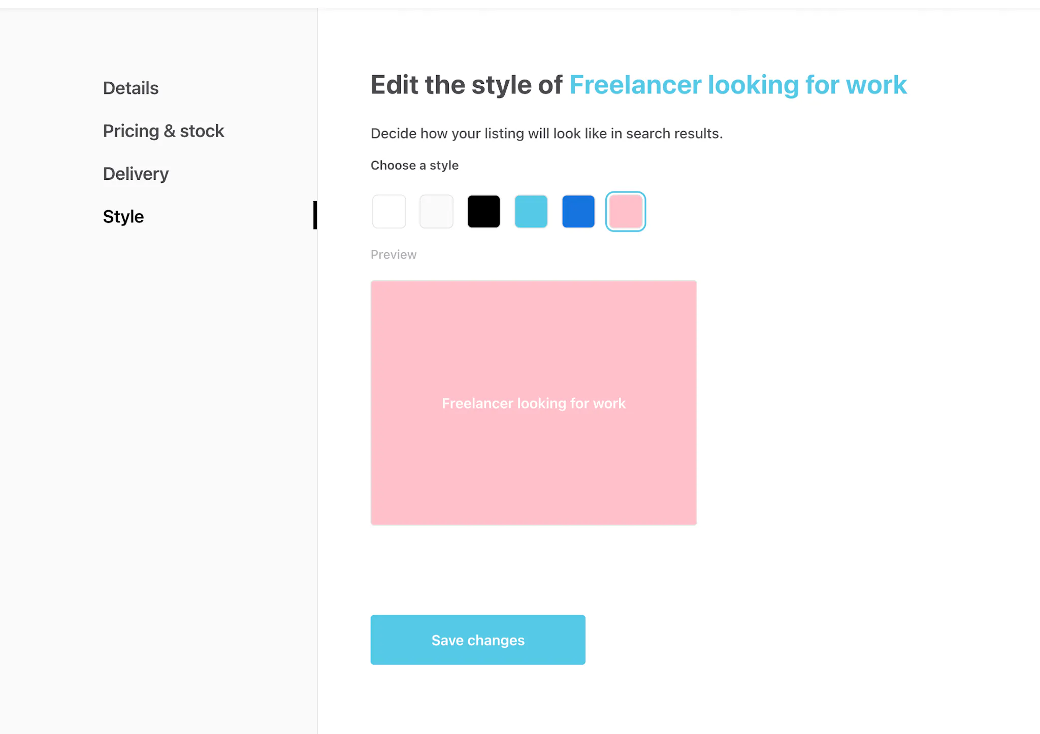 A screenshot of the style panel, displaying the listing thumbnail with a pink backgrund.