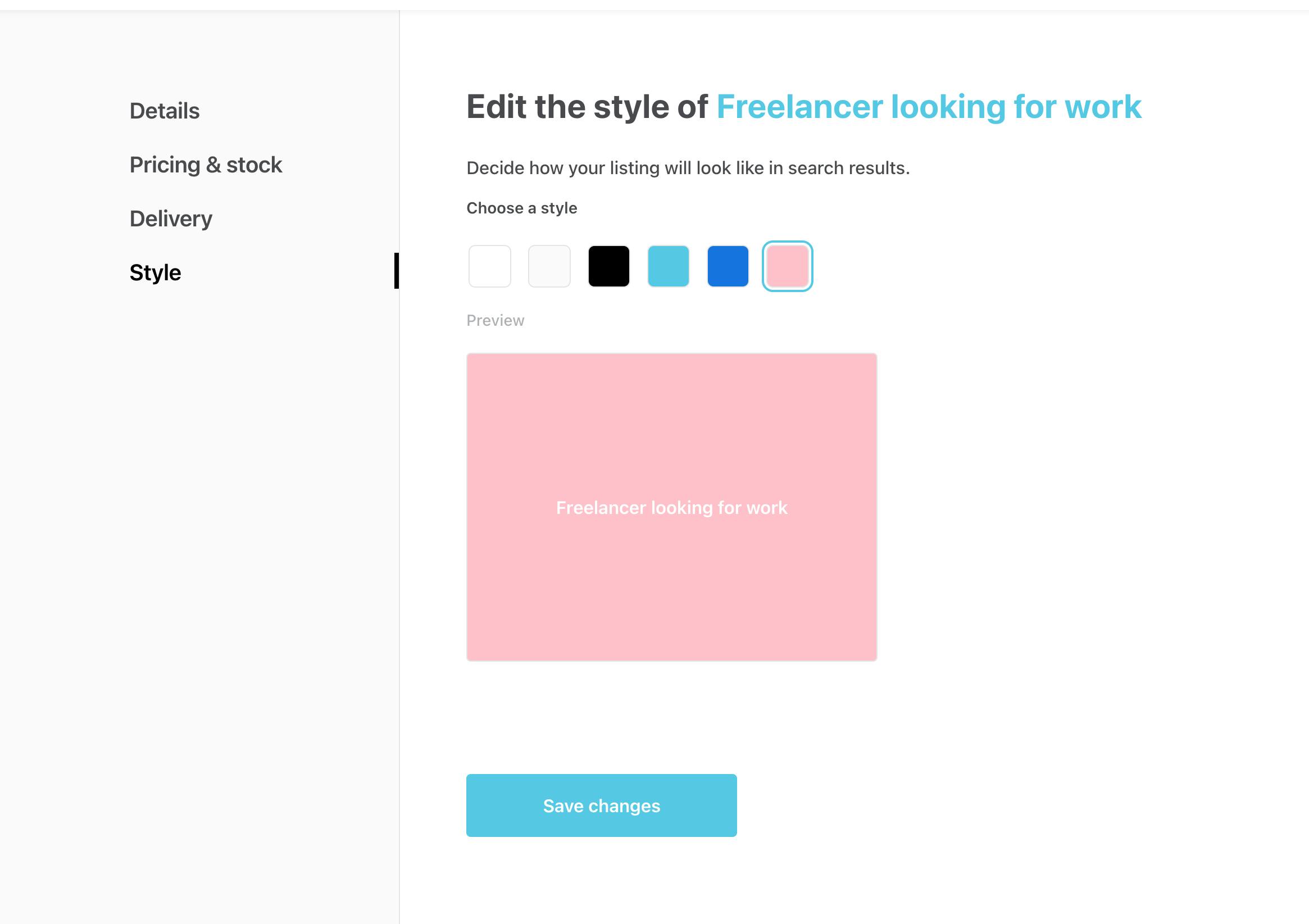 A screenshot of the style panel, displaying the listing thumbnail with a pink backgrund.