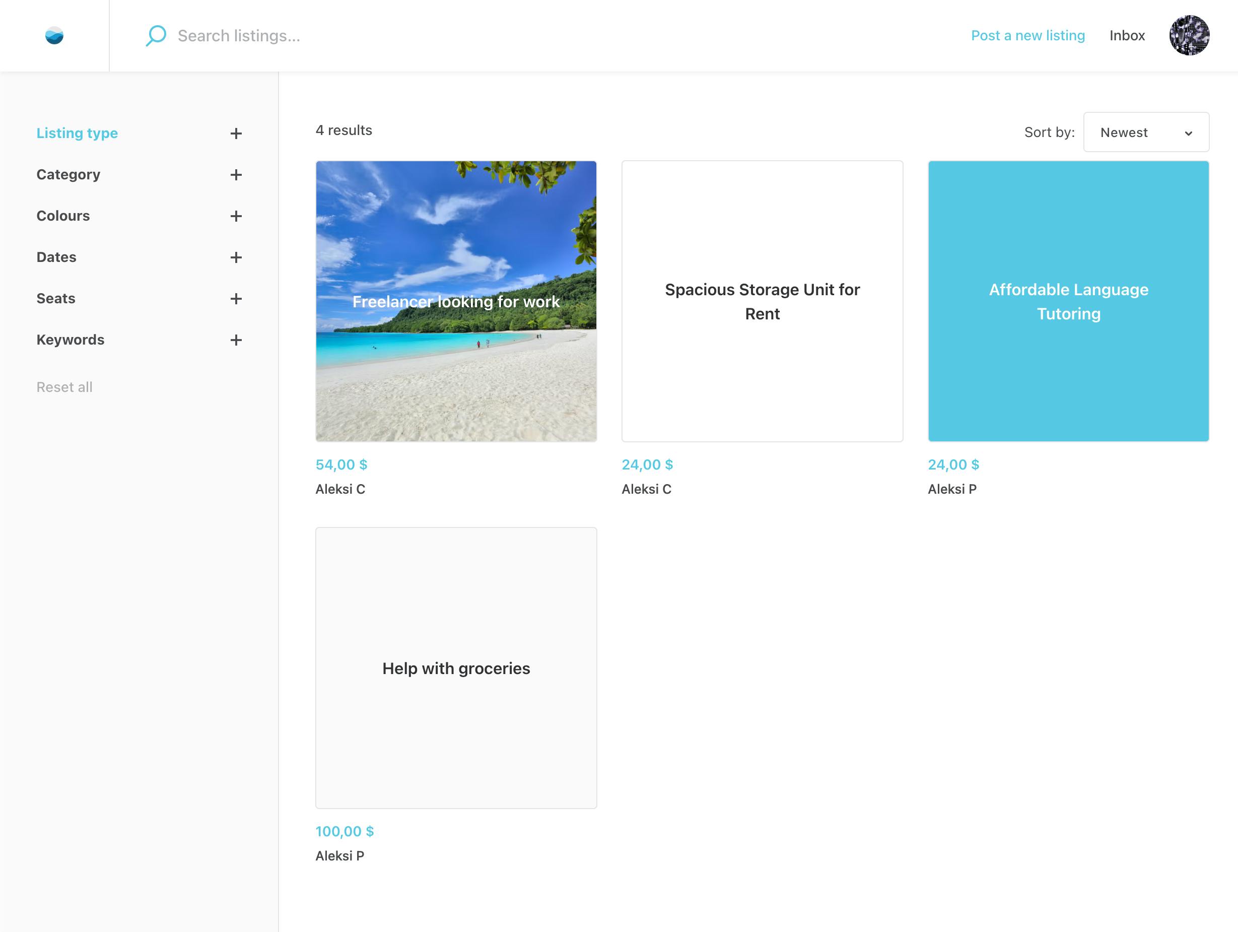 The listings page showing a listing card with a stylized background.