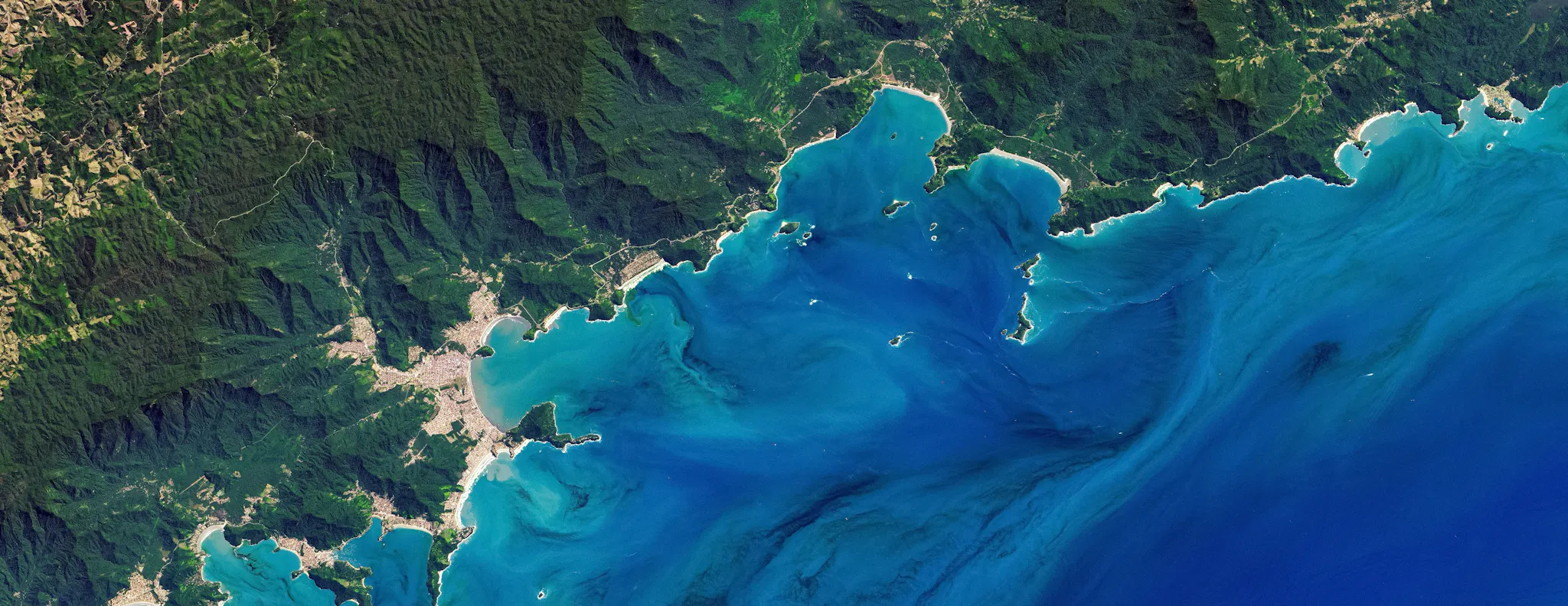 A satellite image of a coastline