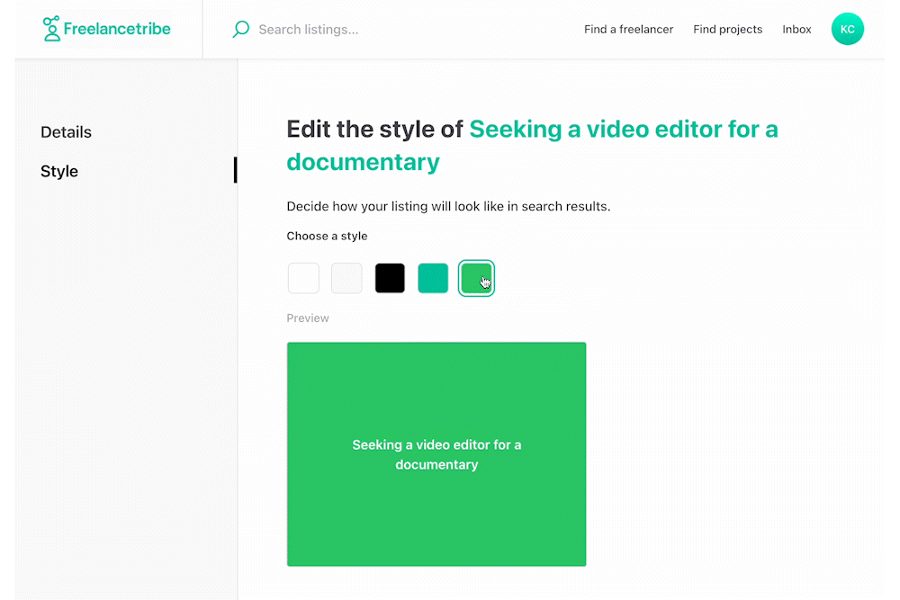 Someone is creating a listing on a marketplace and have named it Looking for a video editor. They're choosing from five different styles for their listing.