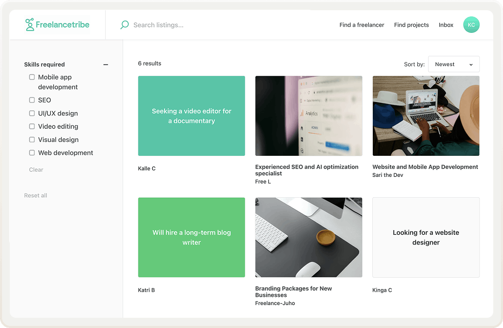 A search results page on a marketplace, showing listing thumbnails with and without images, fitting nicely among each other.