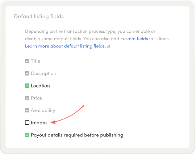 Default listing field settings in Console. The Images field is turned off.
