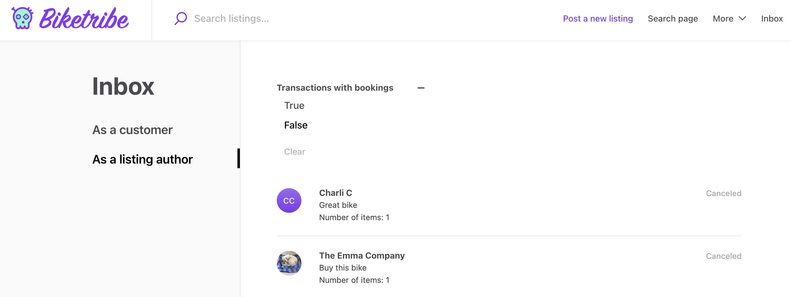 A Sharetribe marketplace inbox page with a bookings filter at the top of the page