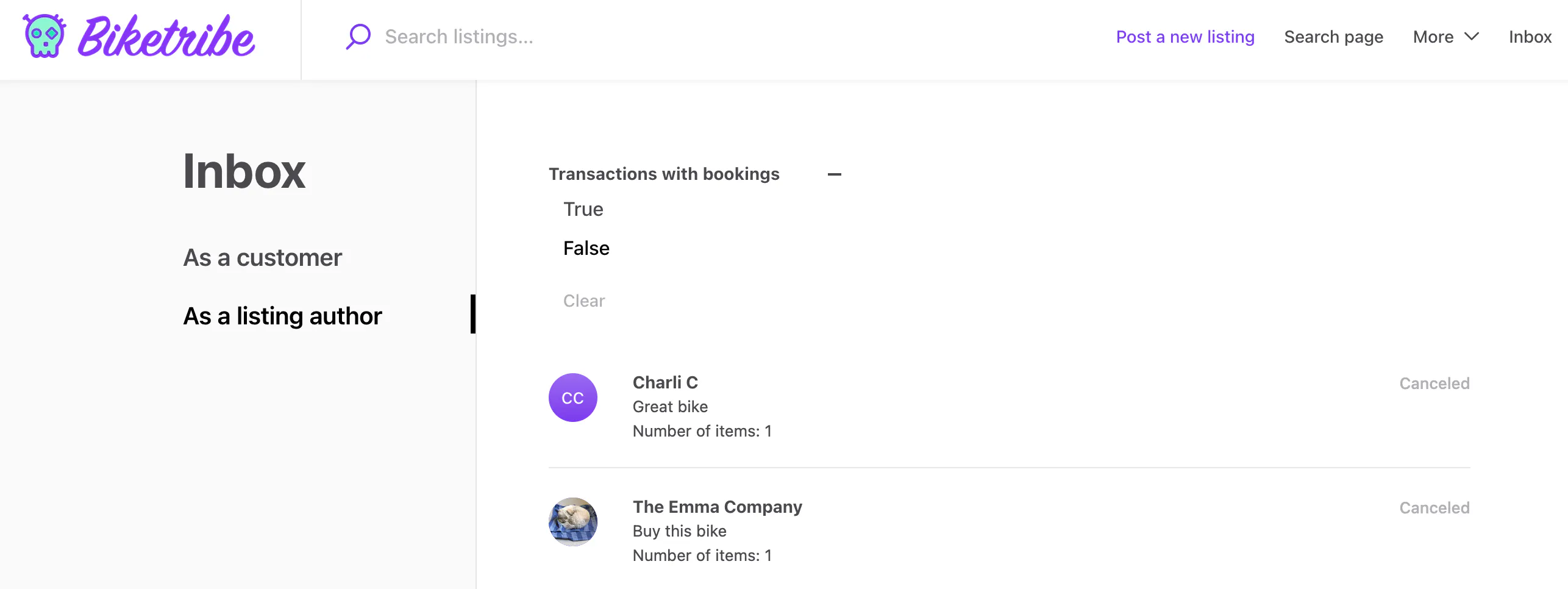 A Sharetribe marketplace inbox page with a bookings filter at the top of the page