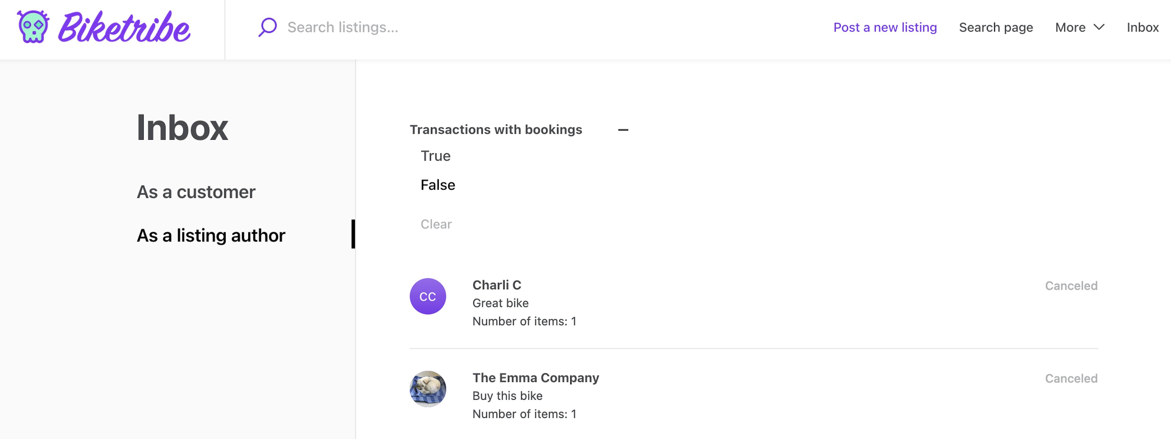 A Sharetribe marketplace inbox page with a bookings filter at the top of the page