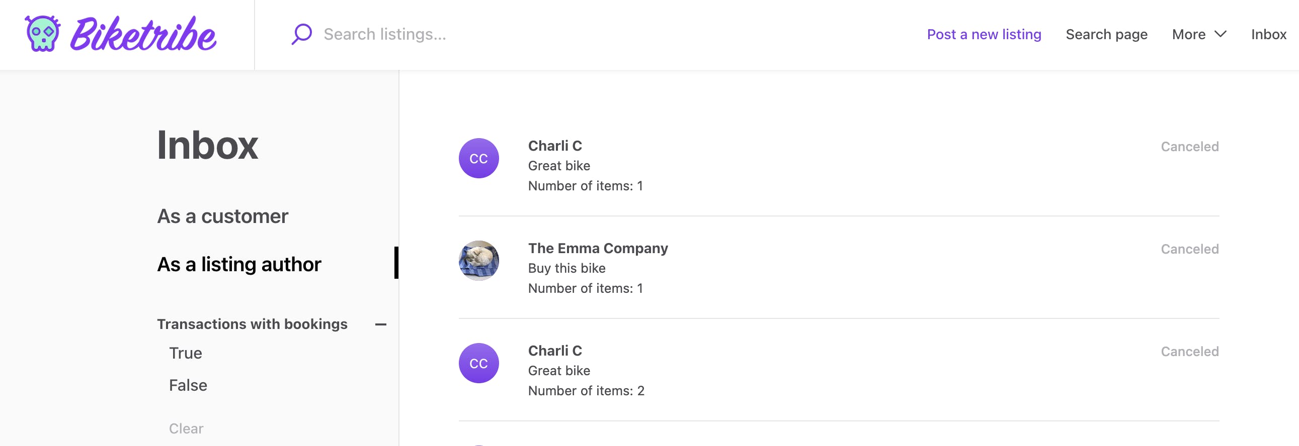 A Sharetribe marketplace inbox page with a bookings filter in the side navigation panel