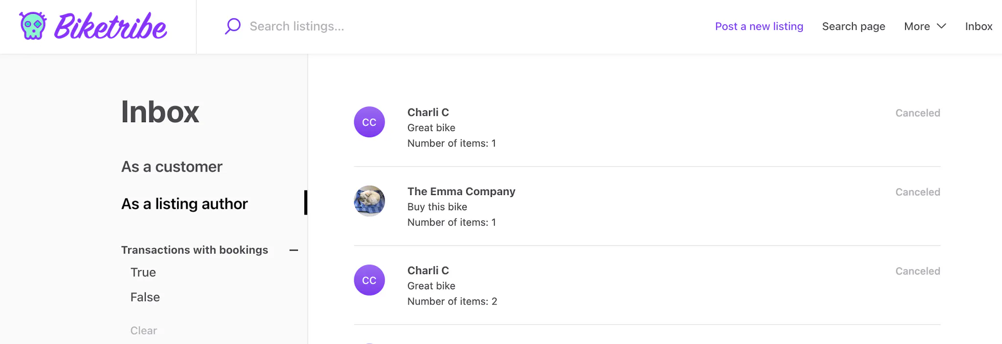 A Sharetribe marketplace inbox page with a bookings filter in the side navigation panel