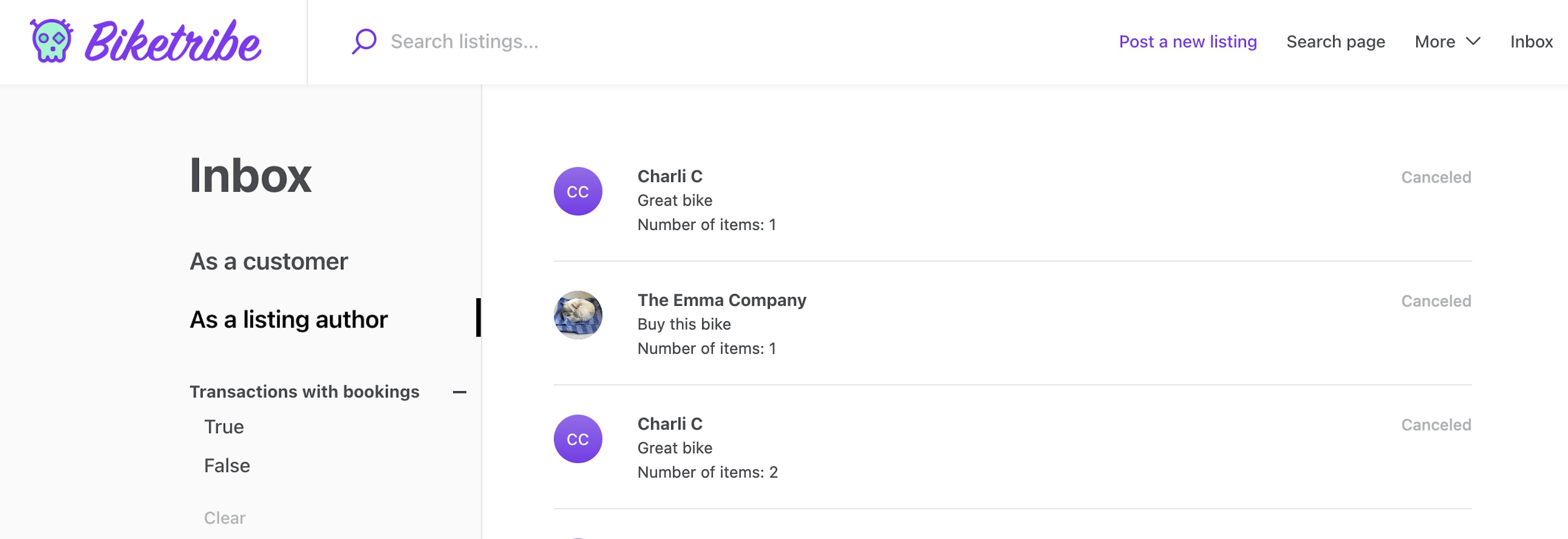 A Sharetribe marketplace inbox page with a bookings filter in the side navigation panel