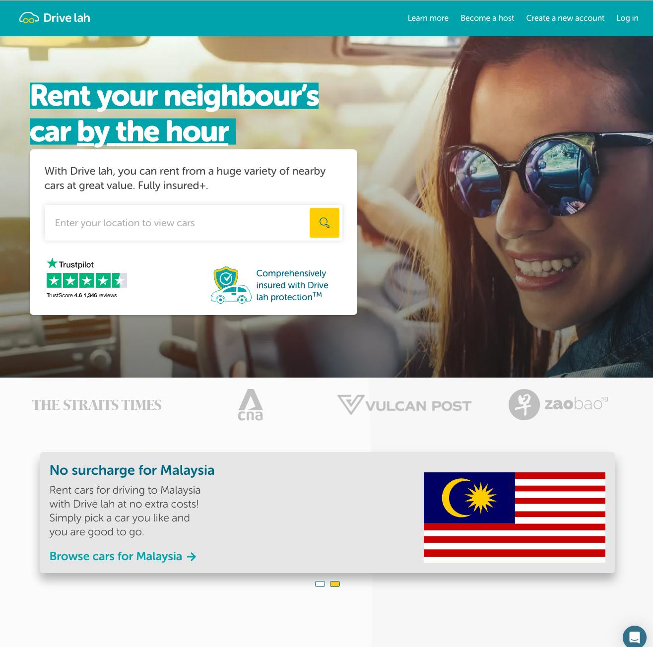 Screenshot of the landing page of Drive lah, a car rental marketplace.