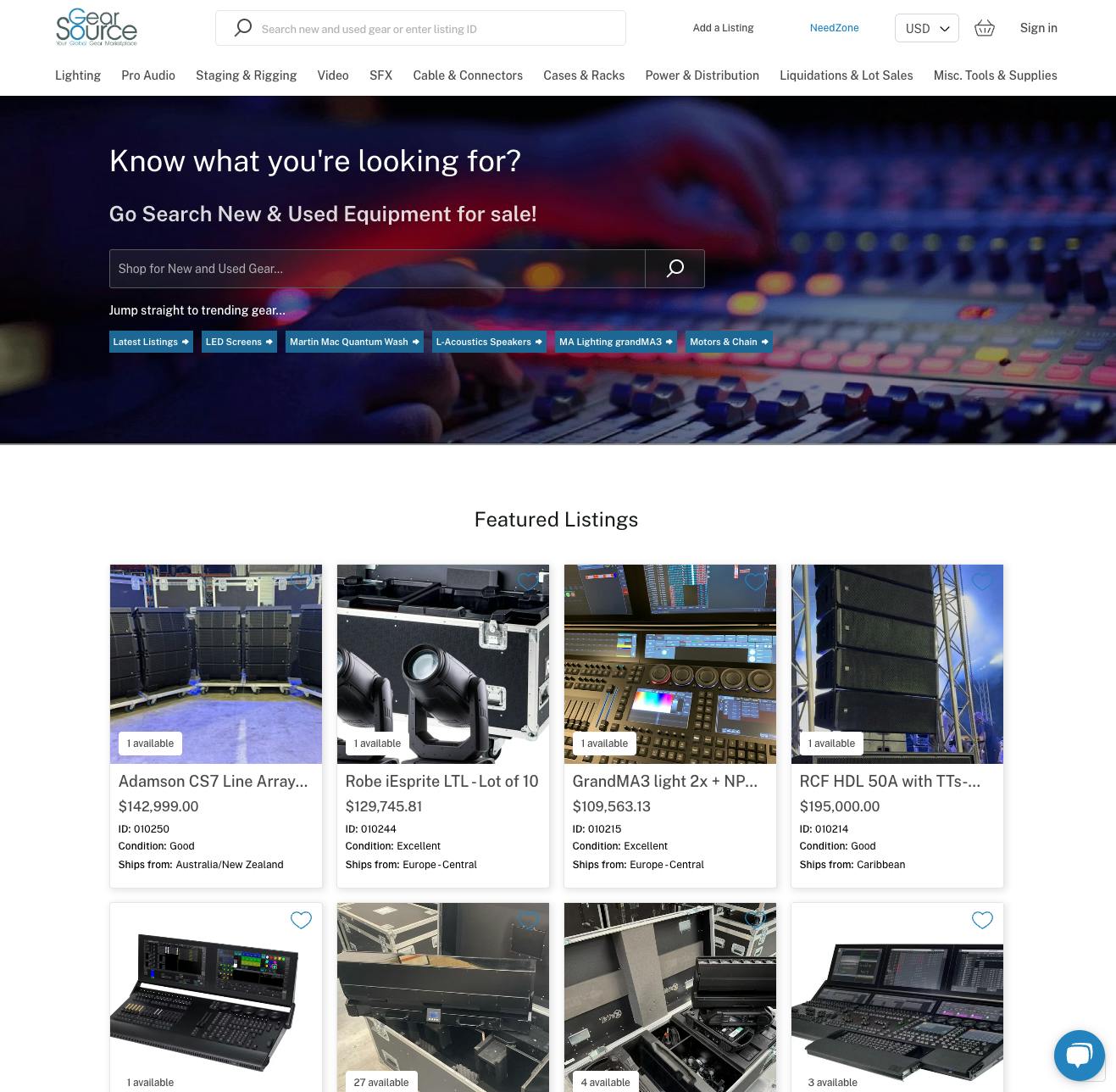 Screenshot of the landing page of Gearsource, a marketplace for professional audio and staging equipment.