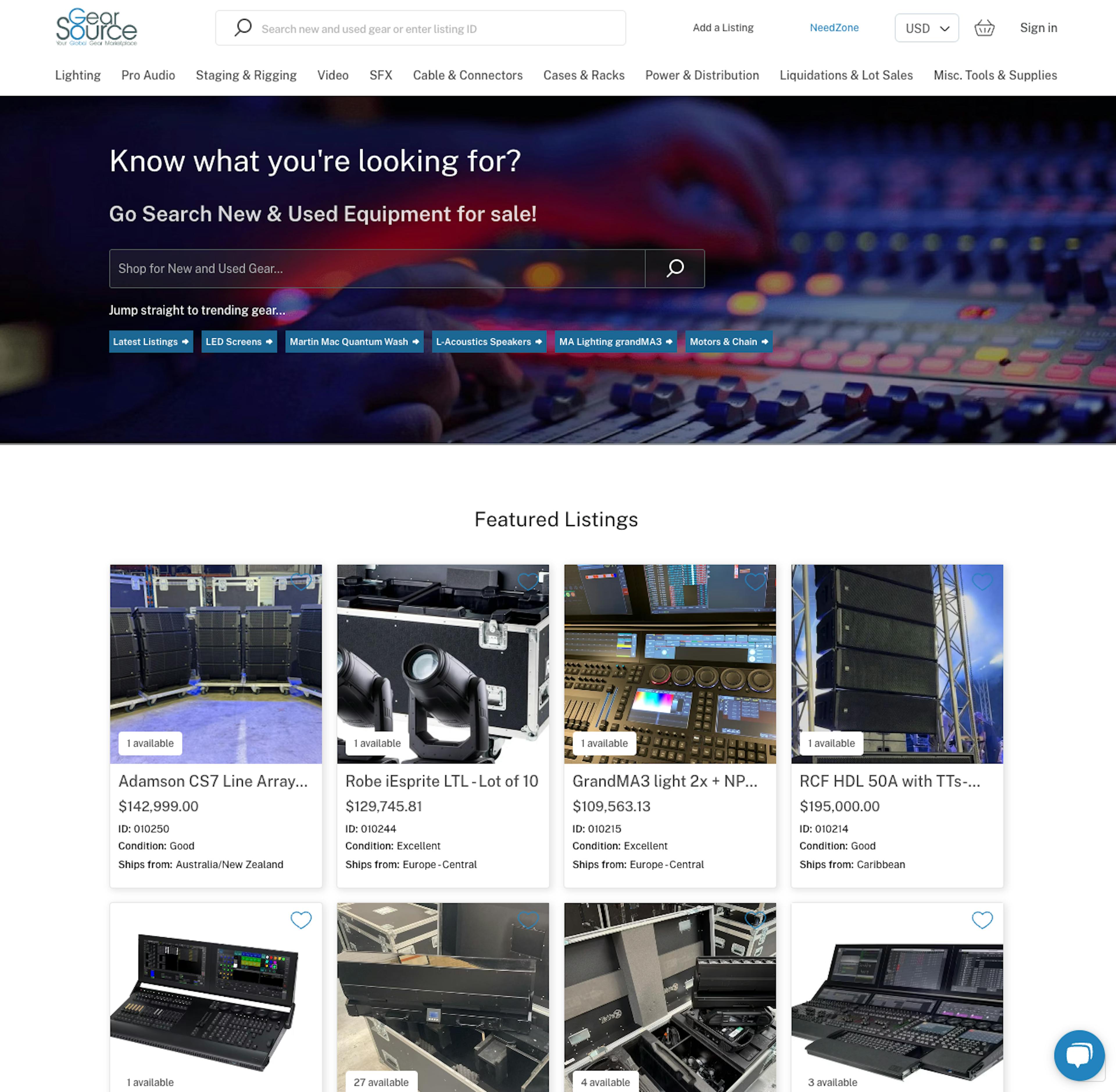 Screenshot of the landing page of Gearsource, a marketplace for professional audio and staging equipment.